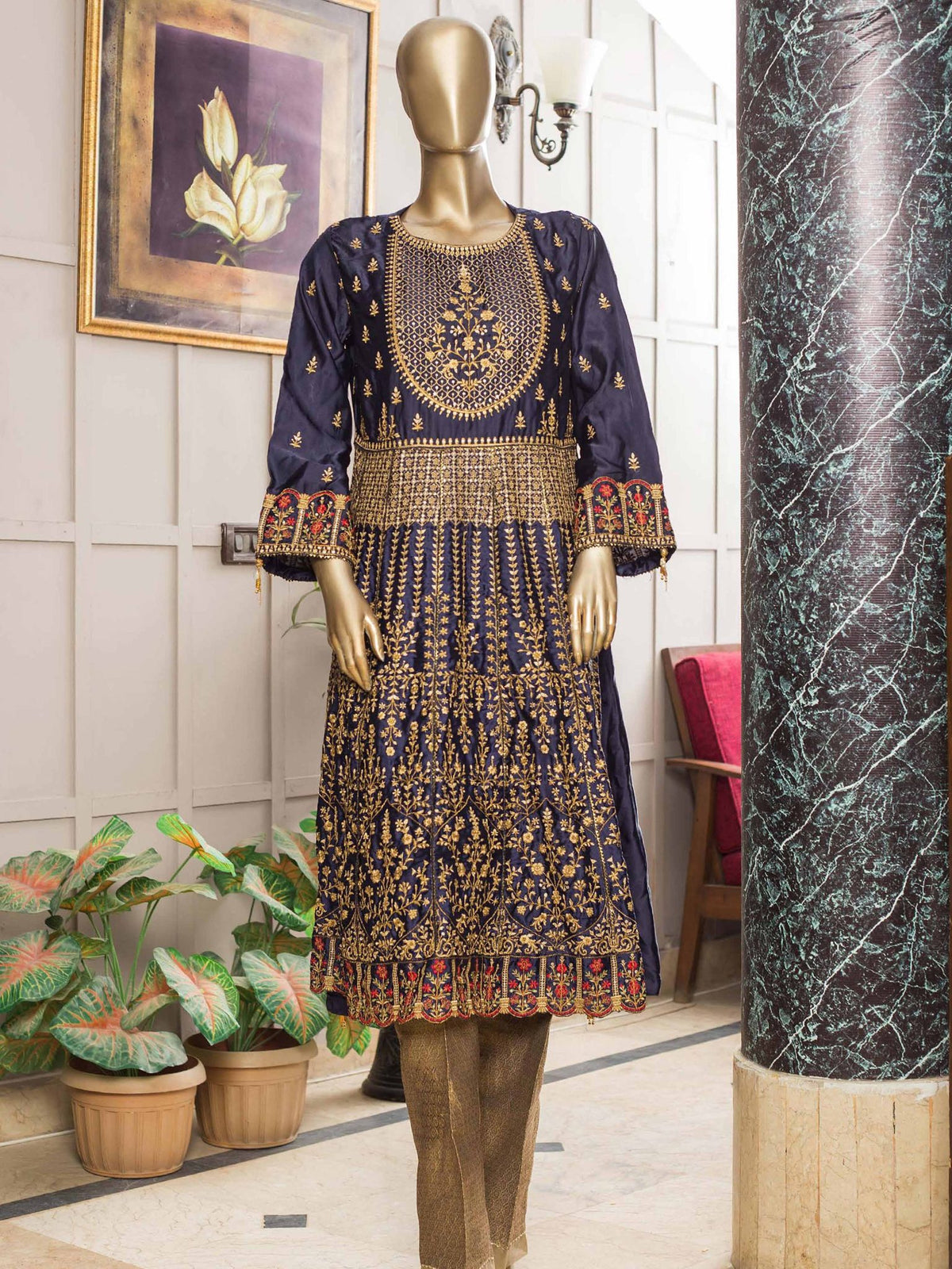 Bin Saeed Stitched Embroidered Silk Frock Collection'2021-AQS-1017-Blue