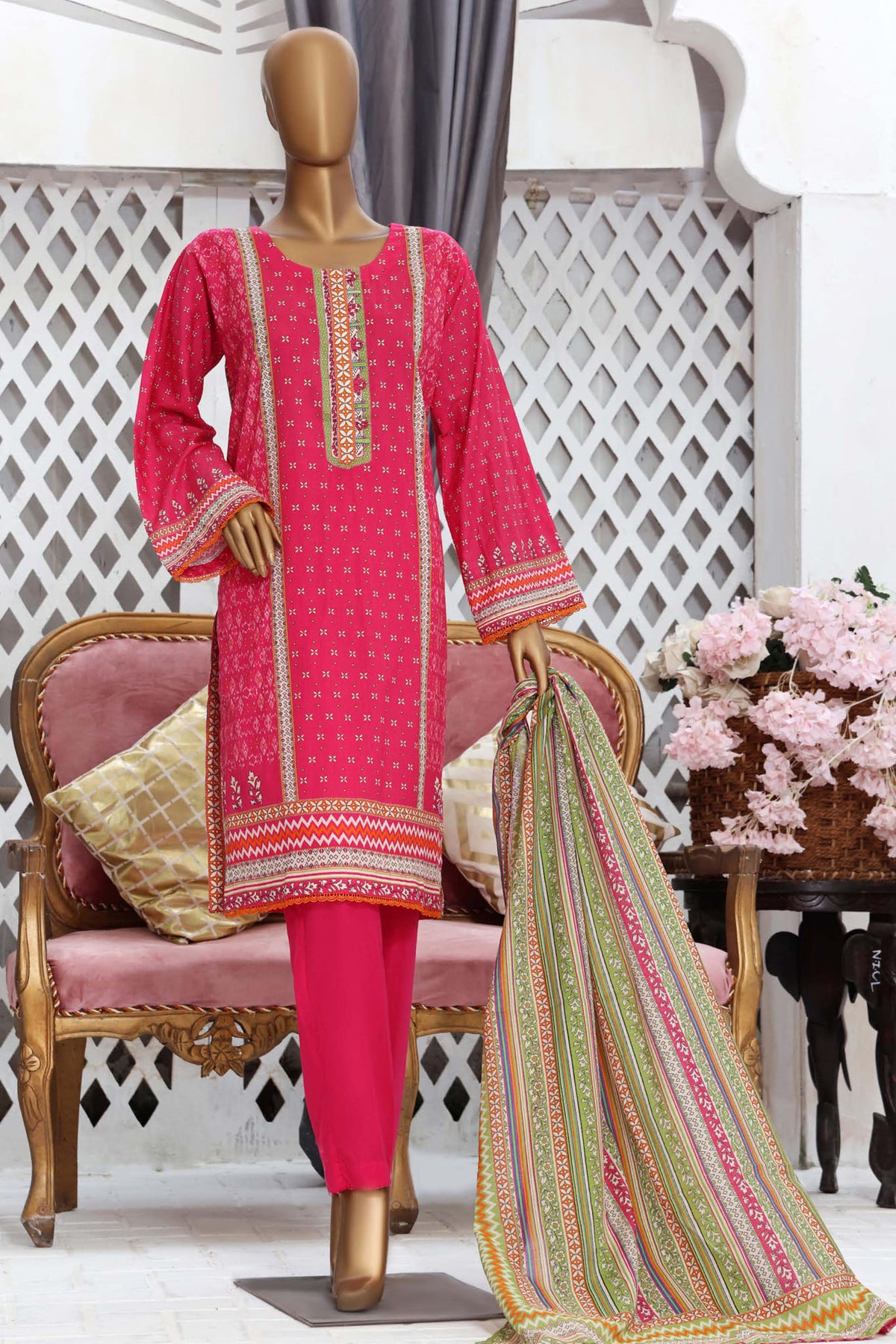 Bin Saeed Stitched 3 Piece Printed Cotton Collection'2022-CF-0033-D.Pink