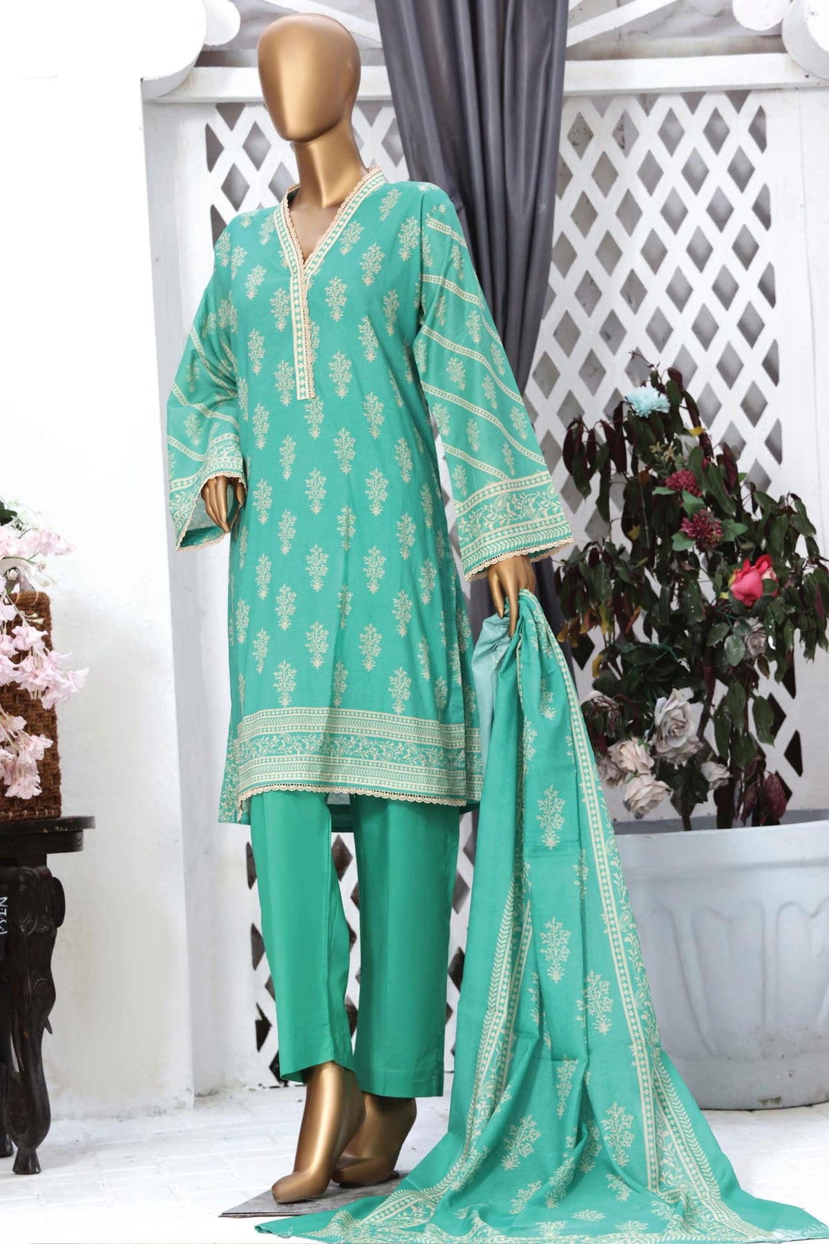 Bin Saeed Stitched 3 Piece Printed Cotton Collection'2022-CF-0041-Green