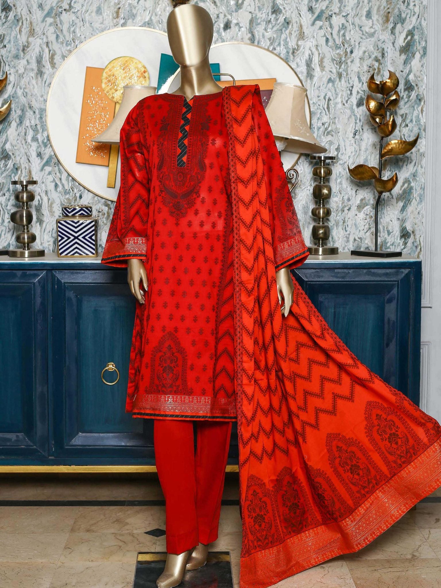 Bin Saeed Stitched 3 Piece Printed Jacquard Vol-02 Collection'2021-BNS-121-Red