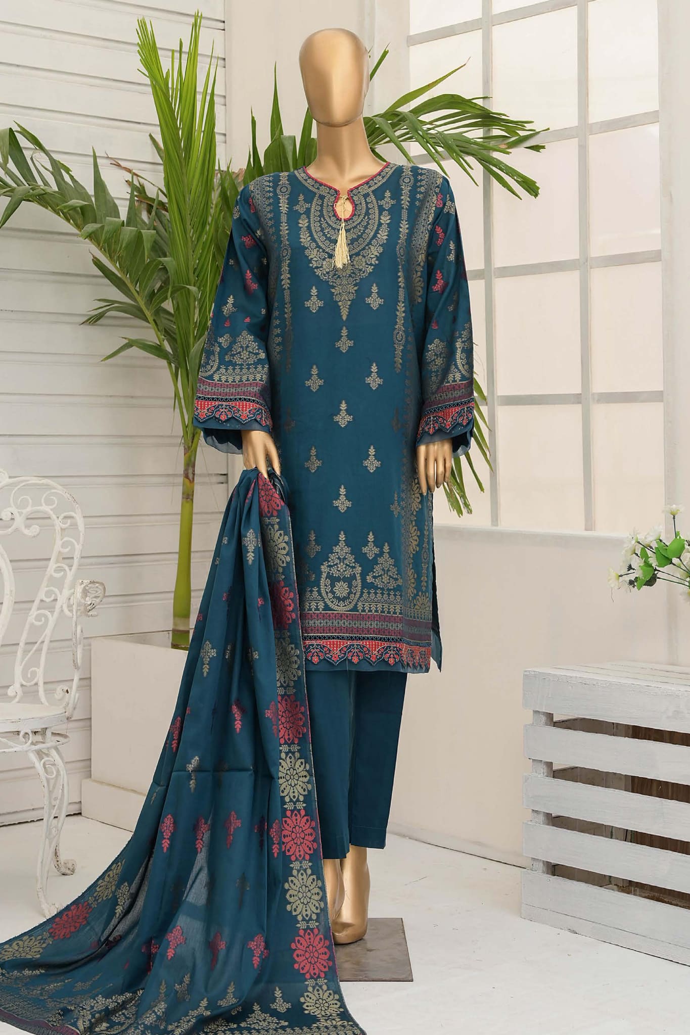 Bin Saeed Stitched 3 Piece Luxury Jacquard Embroidered Collection'2022-BNS-2201-Blue