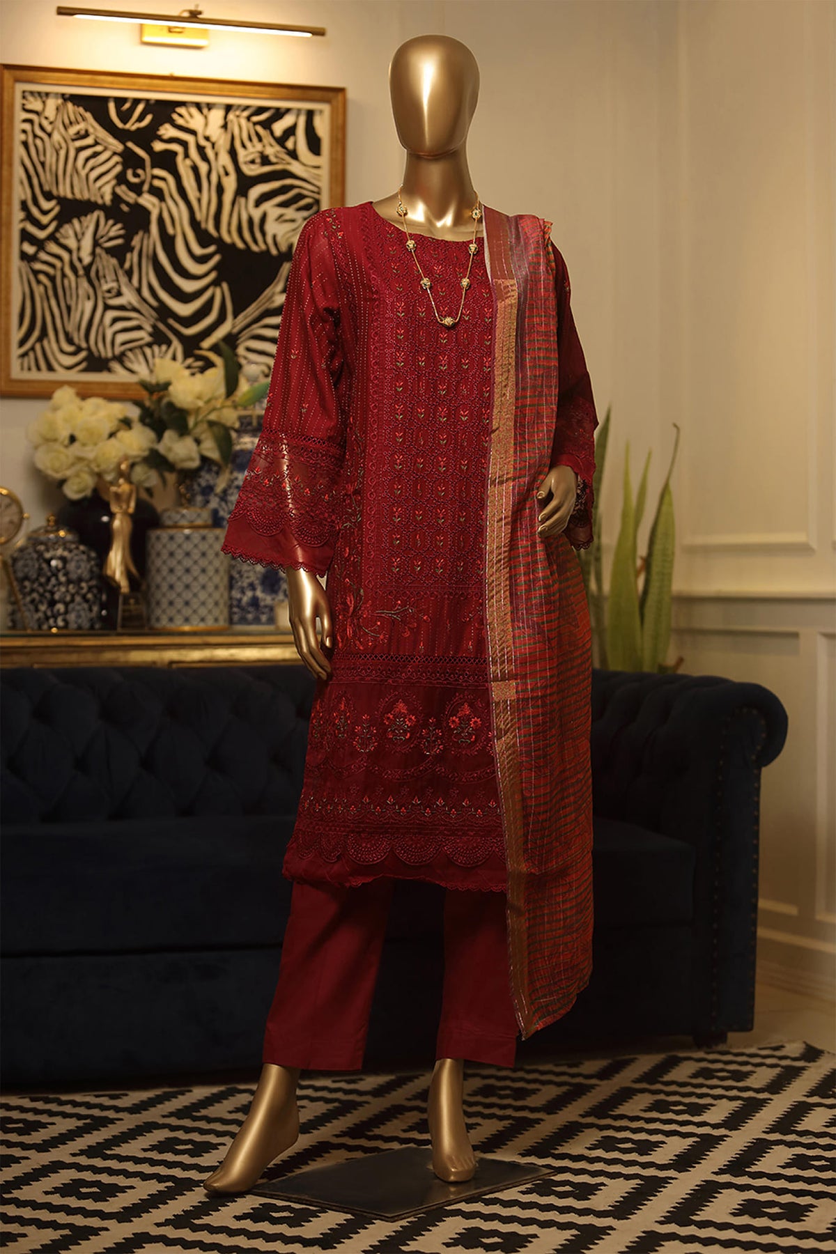 Mehtab by Bin Saeed Stitched 3 Piece Chikankari Cotton Vol-01 Collection'2022-ZW-02-Maroon