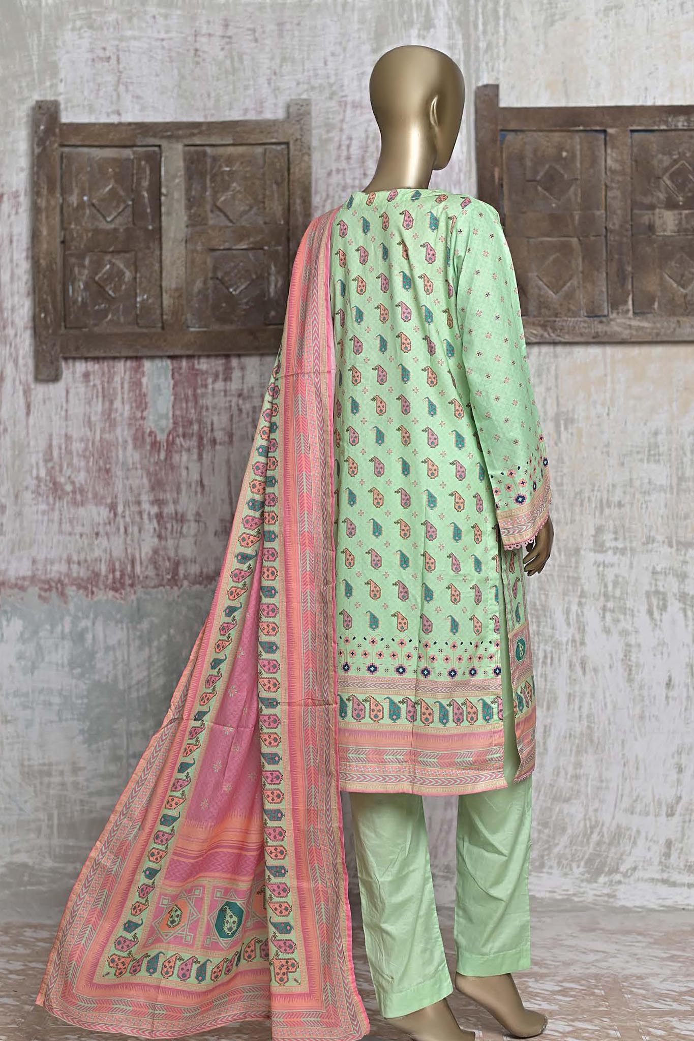 Bin Saeed Stitched 3 Piece Printed Cotton Collection'2022-CF-0002-L.Green