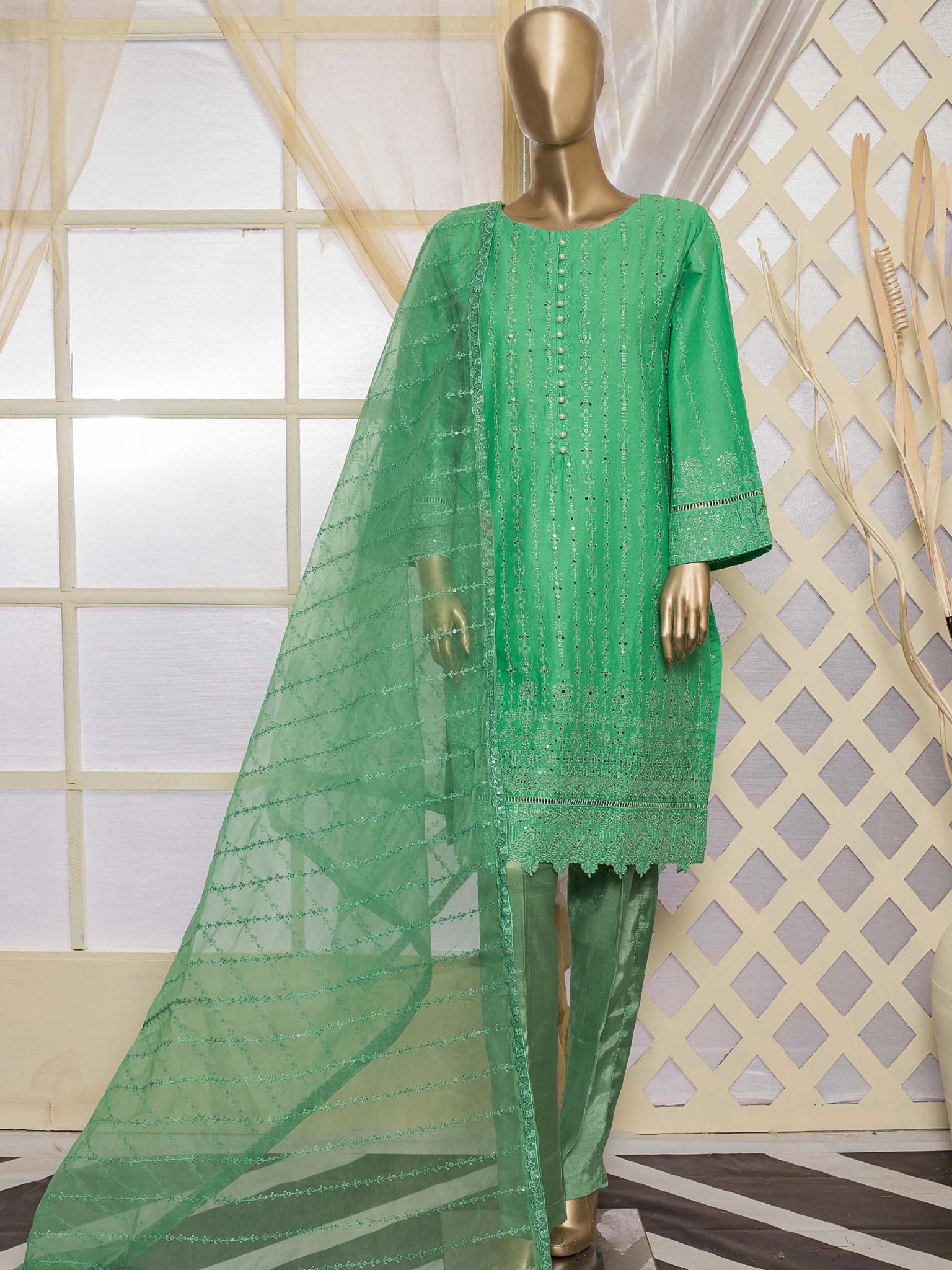Bin Saeed Stitched 3 Piece Emb Chikankari Cotton Vol-02 Collection'2021-C-15-Green