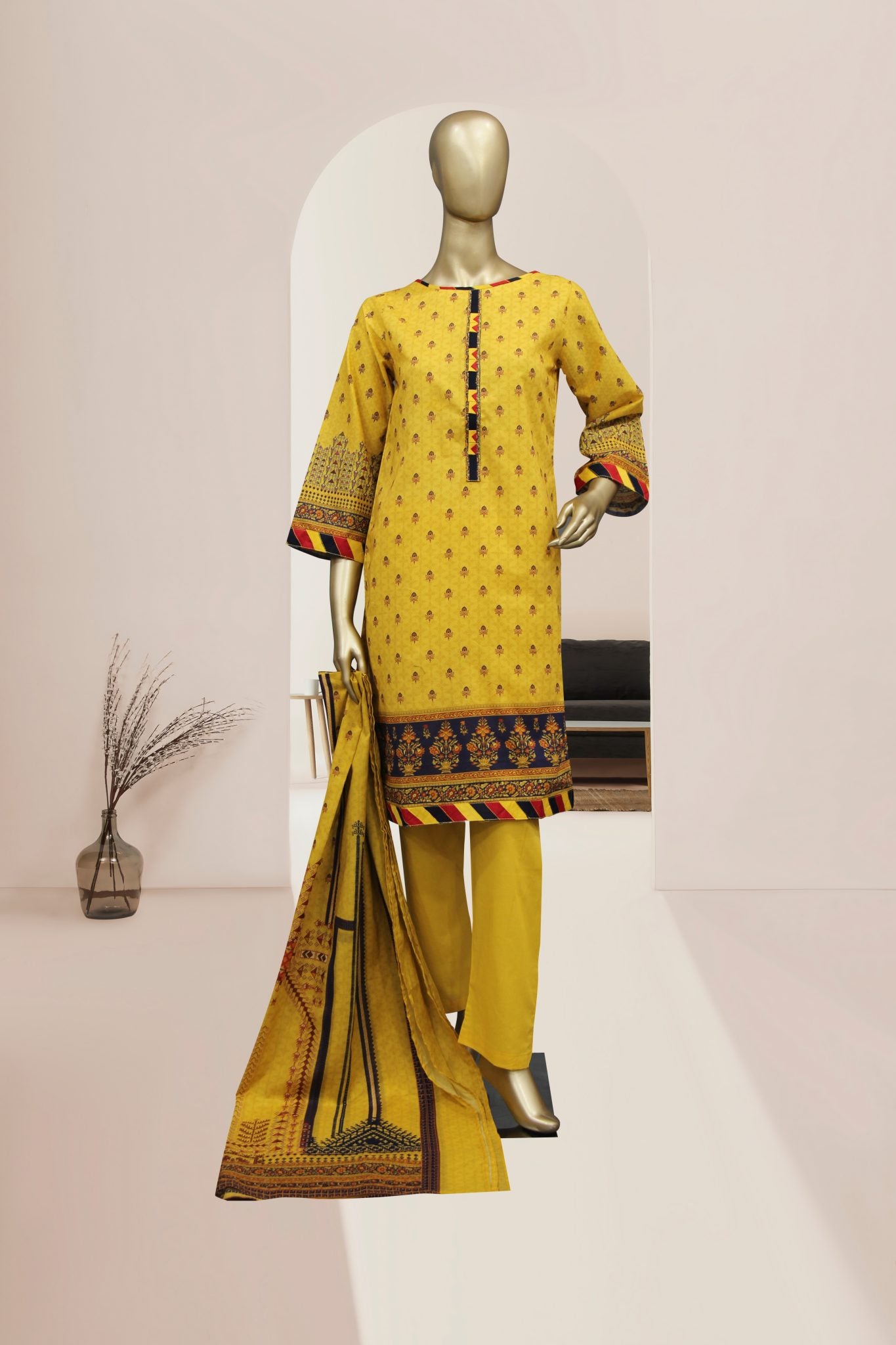 Bin Saeed 3 Piece Stitched Mid Summer Cotton Vol-02 Collection'2021-C-1625-Yellow