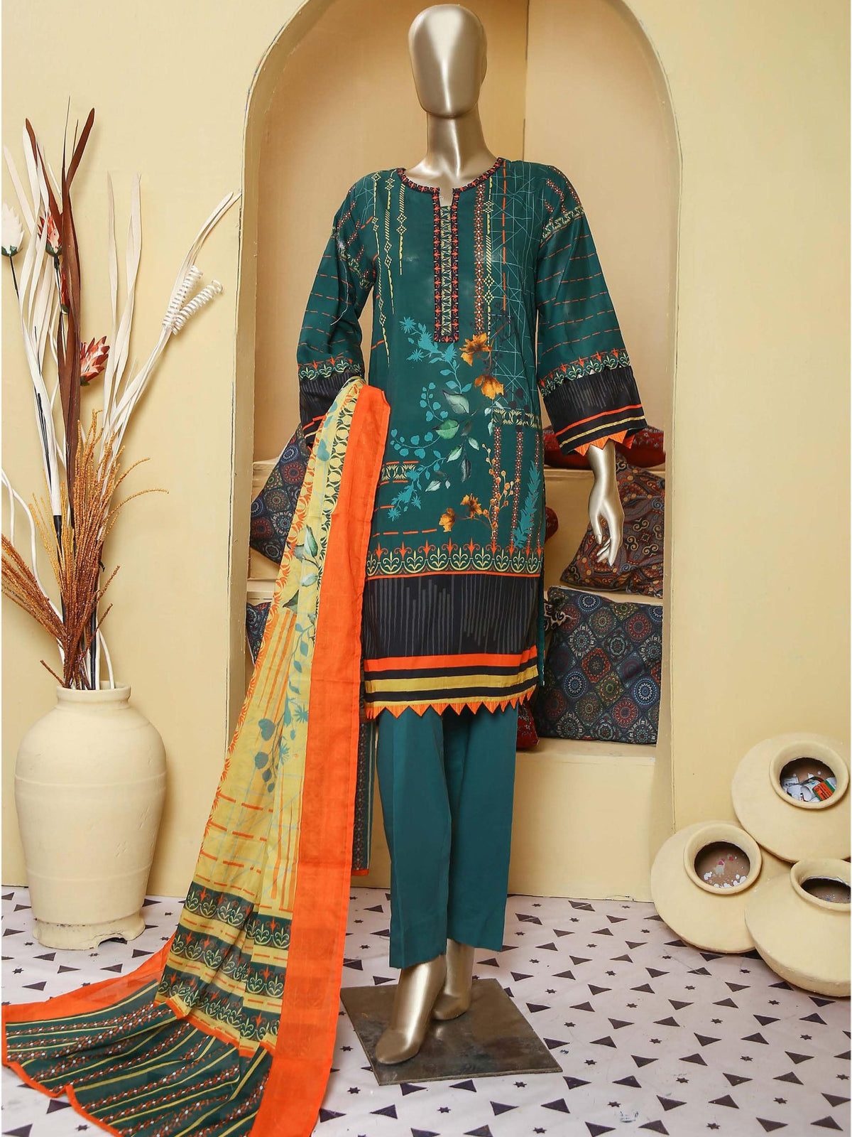 Bin Saeed 3 Piece Stitched Mid Summer Cotton Vol-02 Collection'2021-C-1640-Green