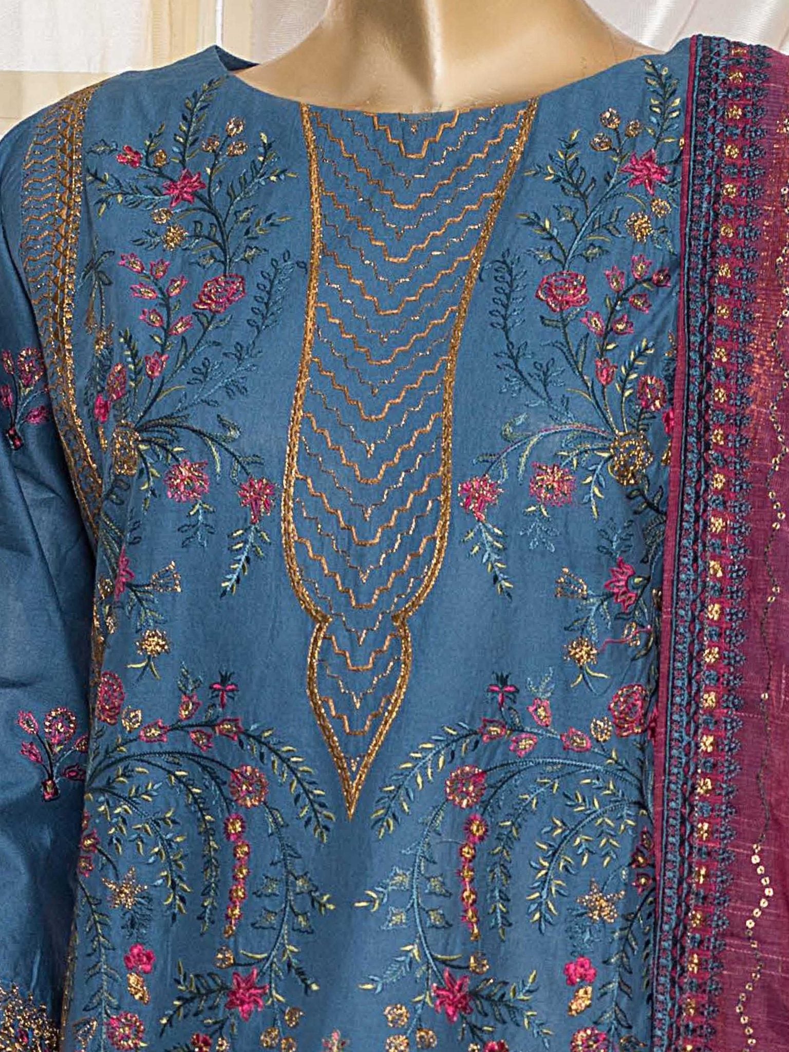 Bin Saeed Stitched 3 Piece Emb Chikankari Cotton Vol-02 Collection'2021-C-21-Blue