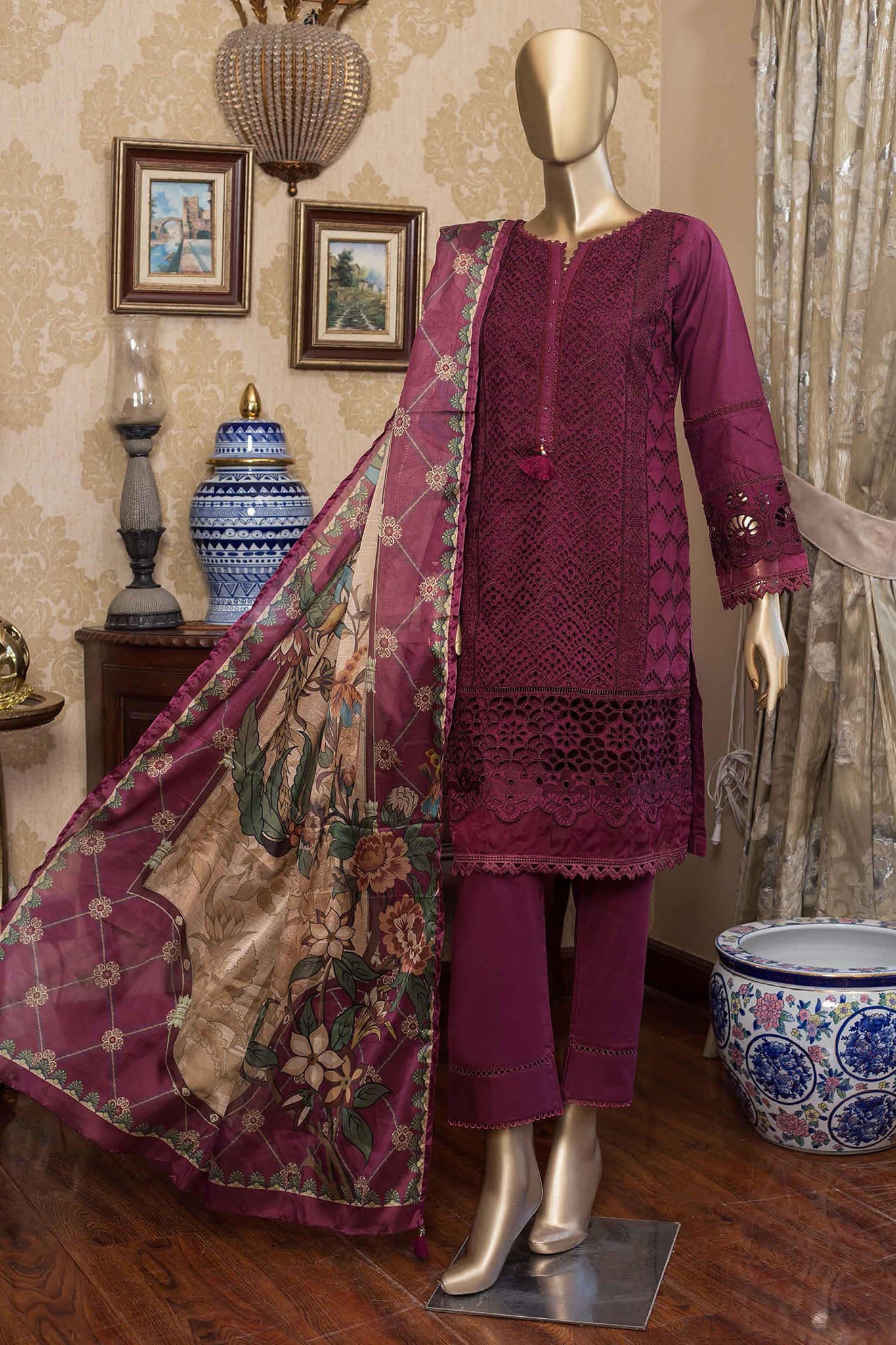 Fusion by Sada Bahar Stitched 3 Piece Lawn Collection'2022-CC-03-Maroon