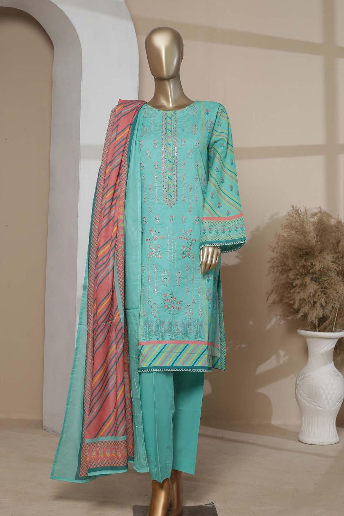 Affifa by Bin Saeed Stitched 3 Piece Embroidered Lawn Vol-02 Collection'2023-CF-0064-Ferozi