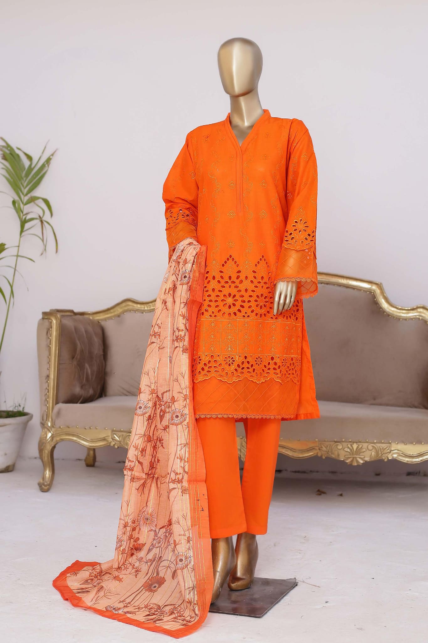 Bin Saeed Stitched 3 Piece Embroidered Chikankari Collection'2023-CMFT-0011-Orange