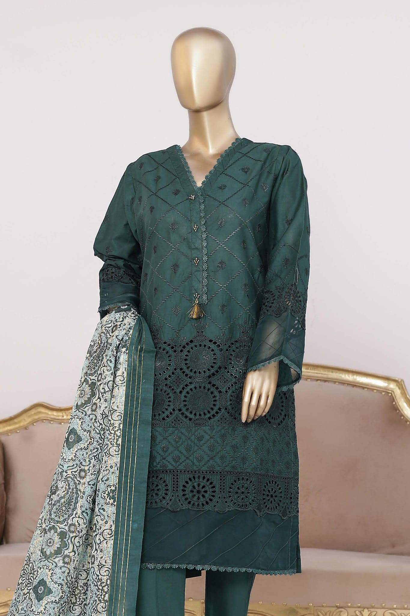 Bin Saeed Stitched 3 Piece Embroidered Chikankari Collection'2023-CMFT-0021-Green