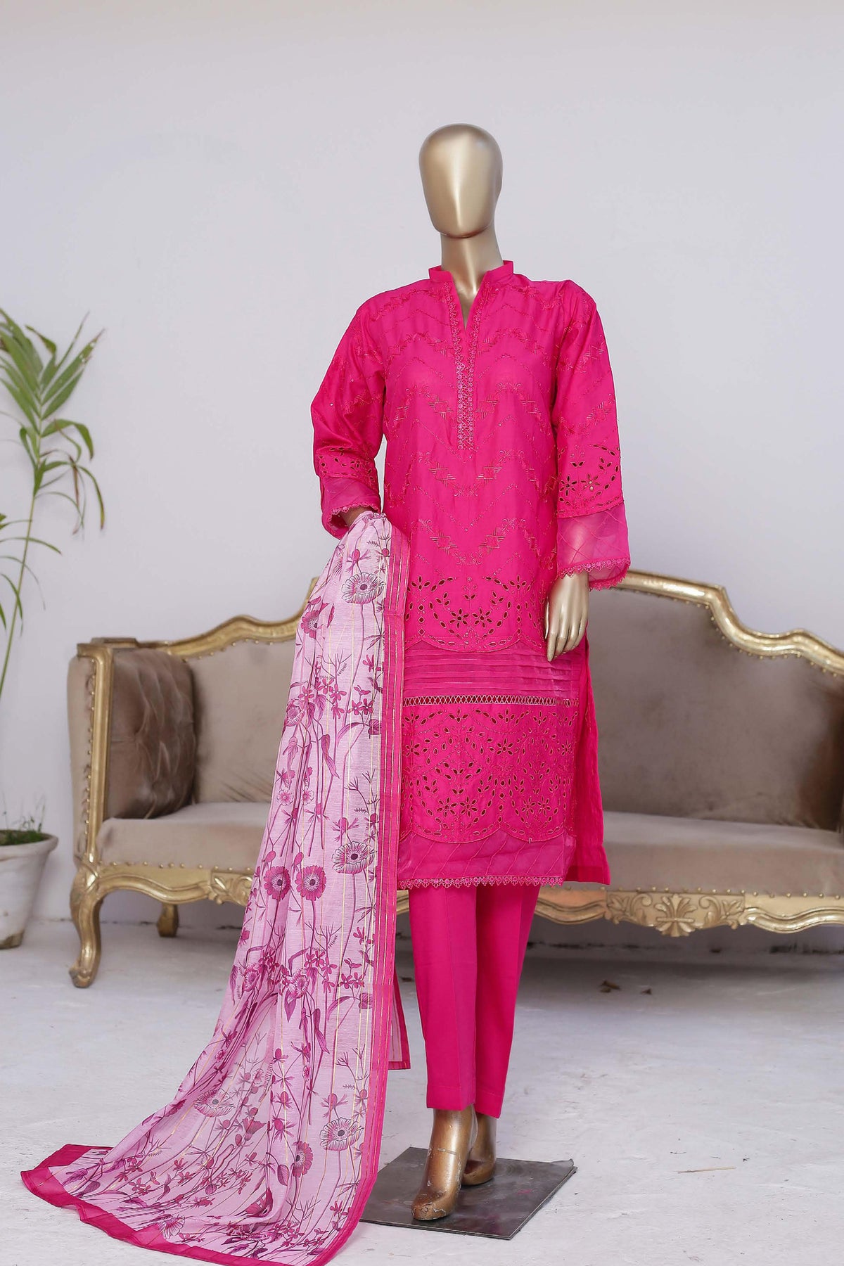 Bin Saeed Stitched 3 Piece Embroidered Chikankari Collection'2023-CMFT-009 Dark Pink