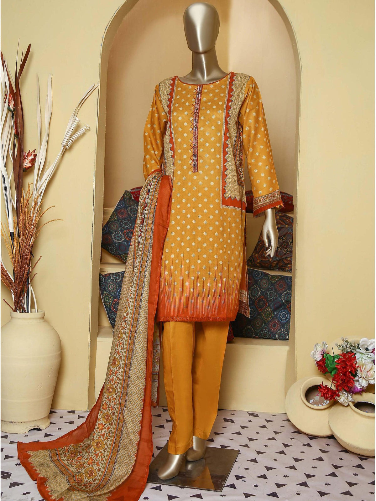 Bin Saeed 3 Piece Stitched Mid Summer Cotton Vol-02 Collection'2021-C-1642-Yellow