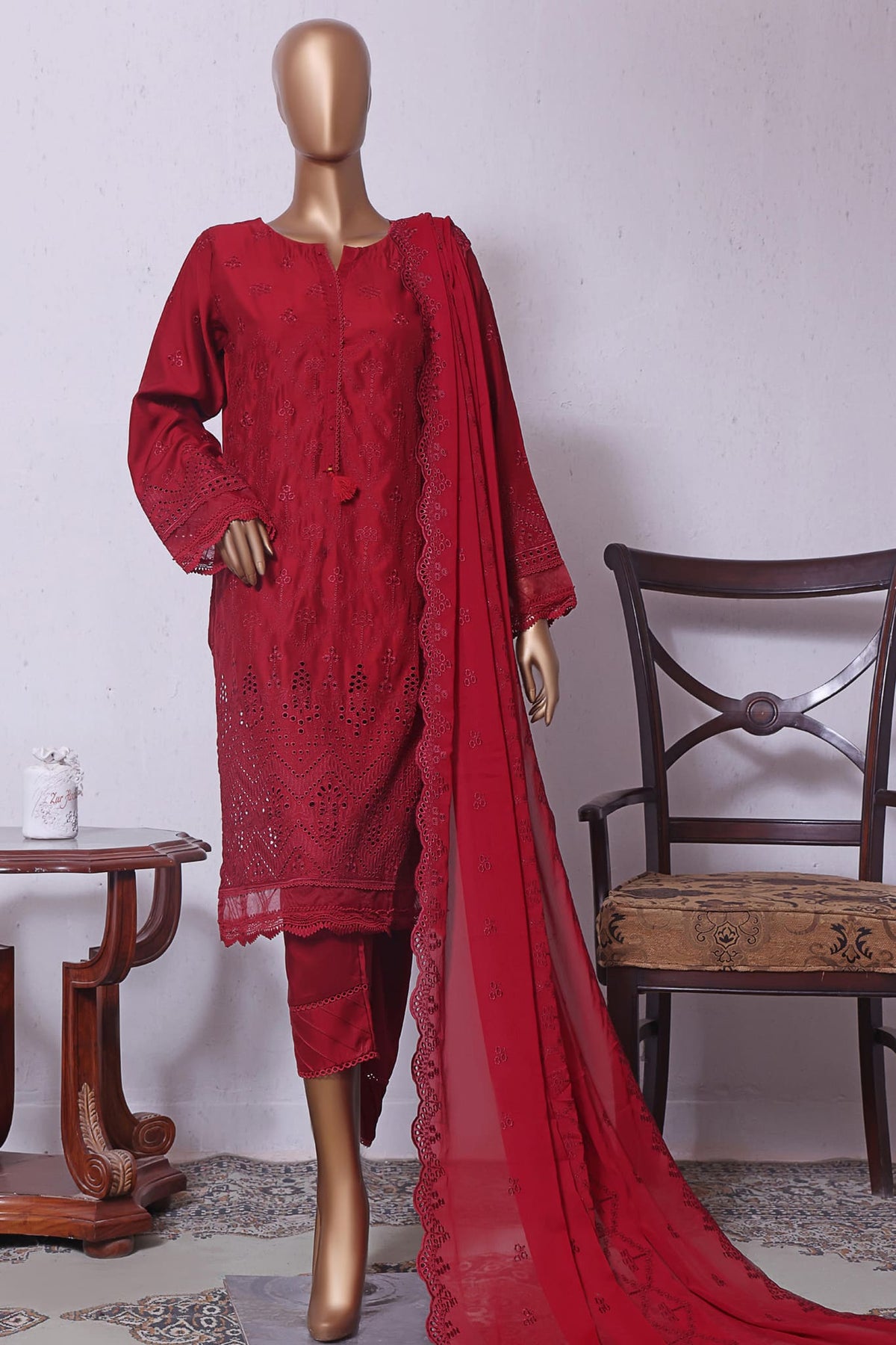 Sada Bahar Stitched 3 Piece Cotton Silk Chikankari Collection'2023-CS-CK-05-Maroon