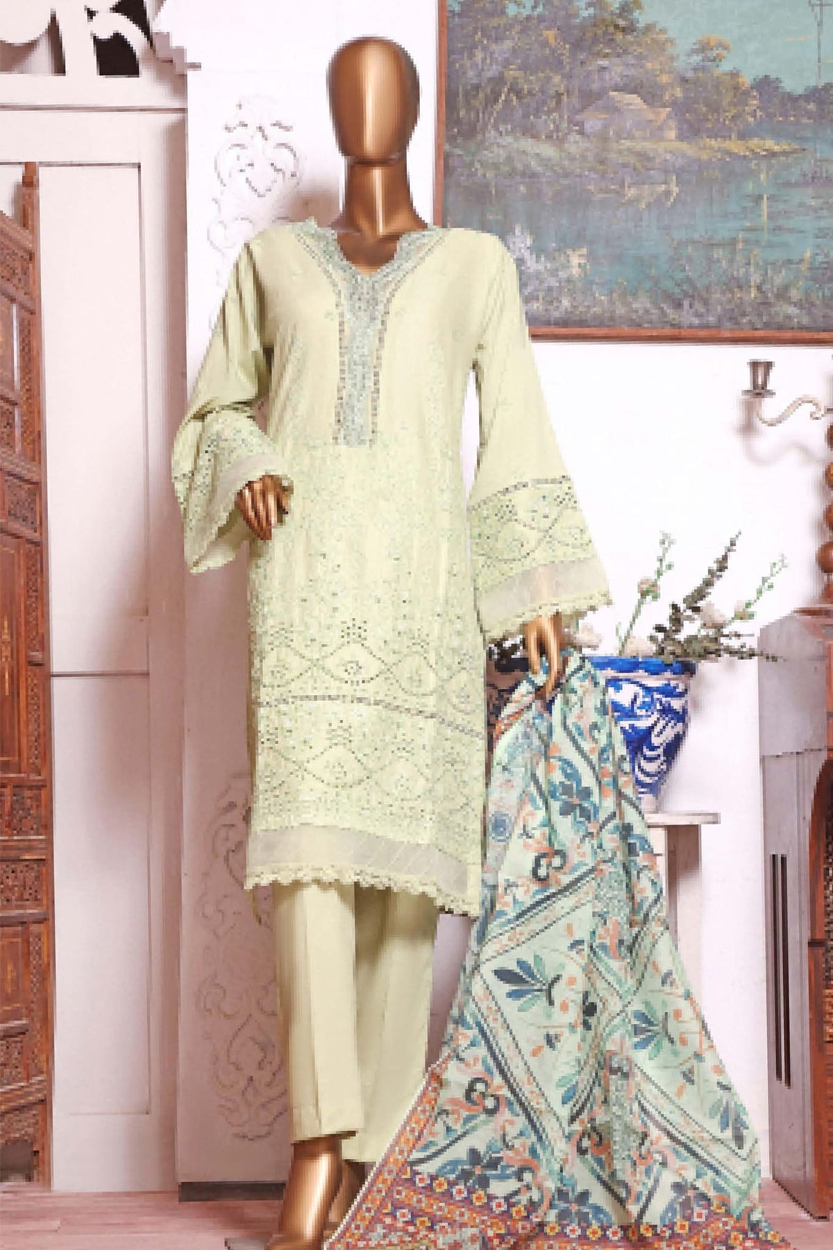 Bin Saeed Stitched 3 Piece Embroidered Chikankari Collection'2022-DTS-08-Pista