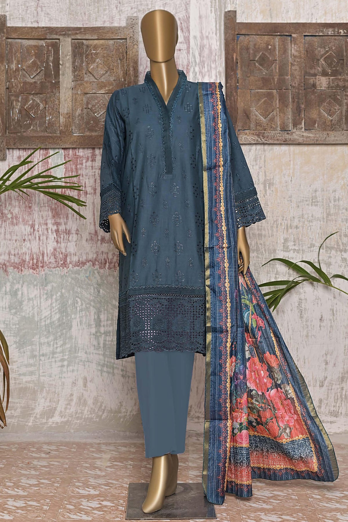 Bin Saeed Stitched 3 Piece Embroidered Chikankari Collection'2022-FTS-24-Blue
