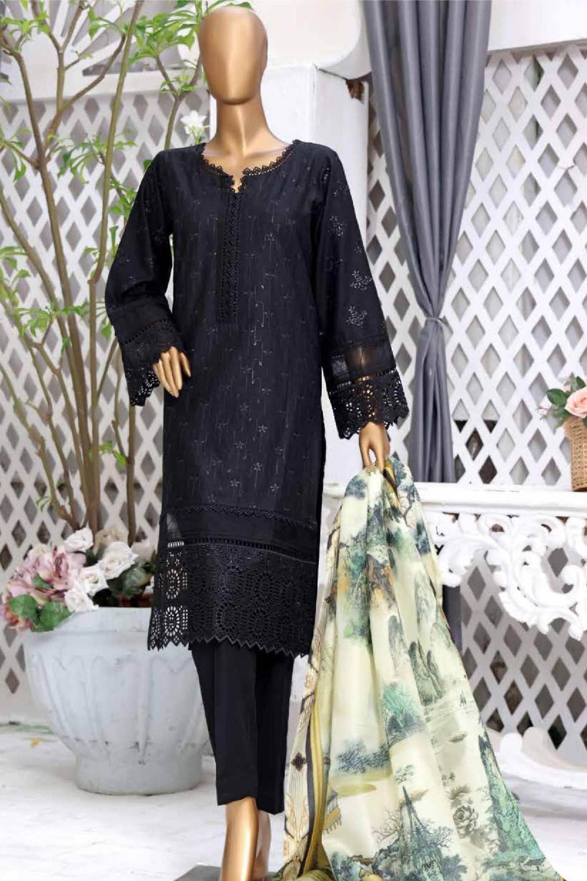 Bin Saeed Stitched 3 Piece Embroidered Pret Chikankari Collection'2022-D-01-Black