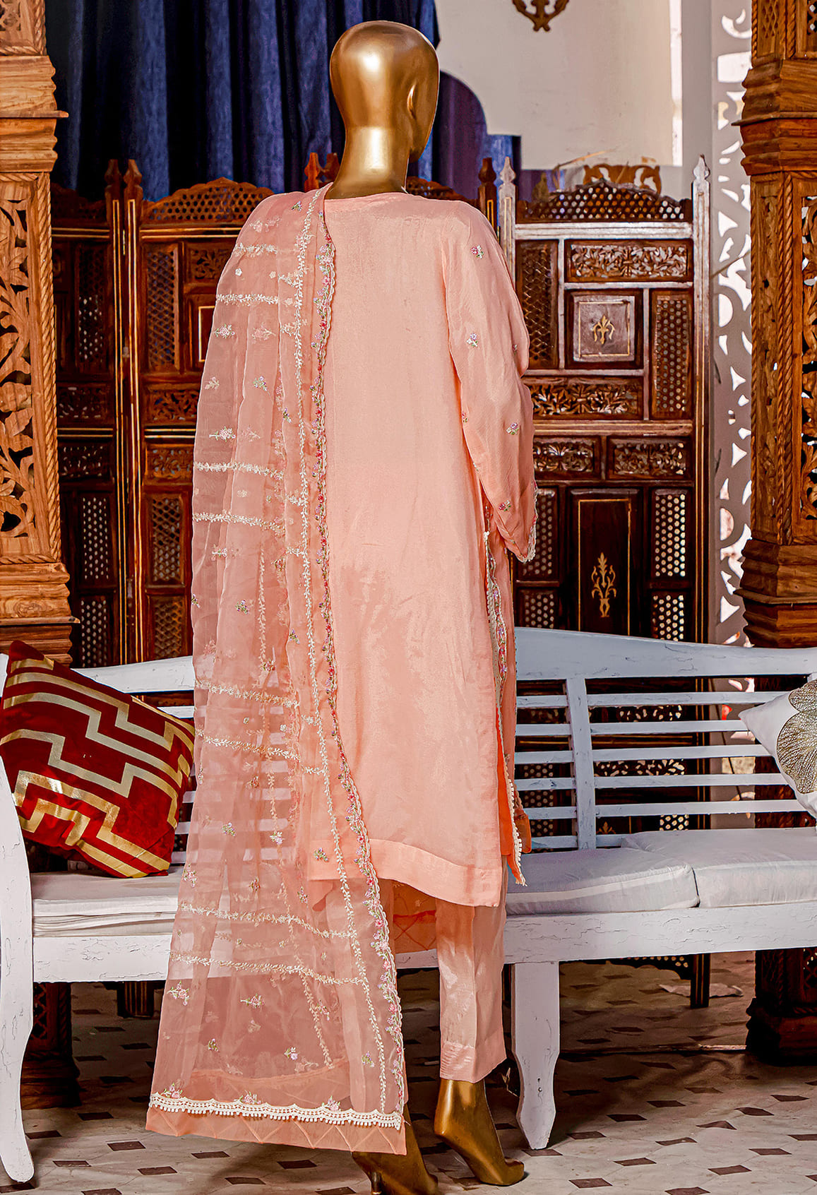 Bin Saeed Stitched 3 Piece Embroidered Chiffon Collection'2022-HEFC-029-Peach