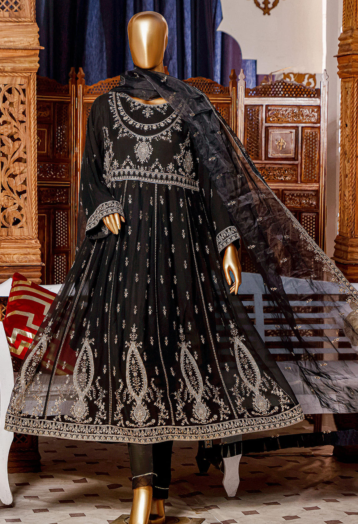 Bin Saeed Stitched 3 Piece Embroidered Chiffon Collection'2022-AMC-01-Black