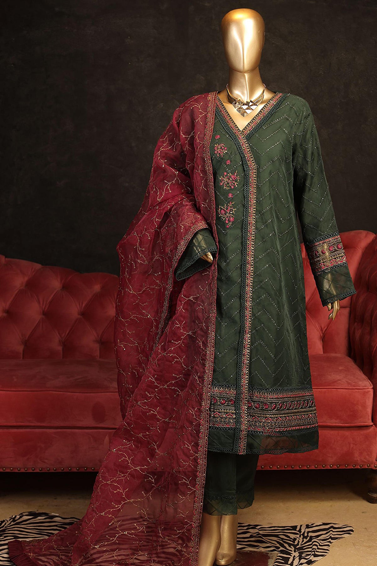 Bin Saeed Dhagakari Stitched 3 Piece Luxury Formal Vol-03 Collection'2022-AMS-003-Green