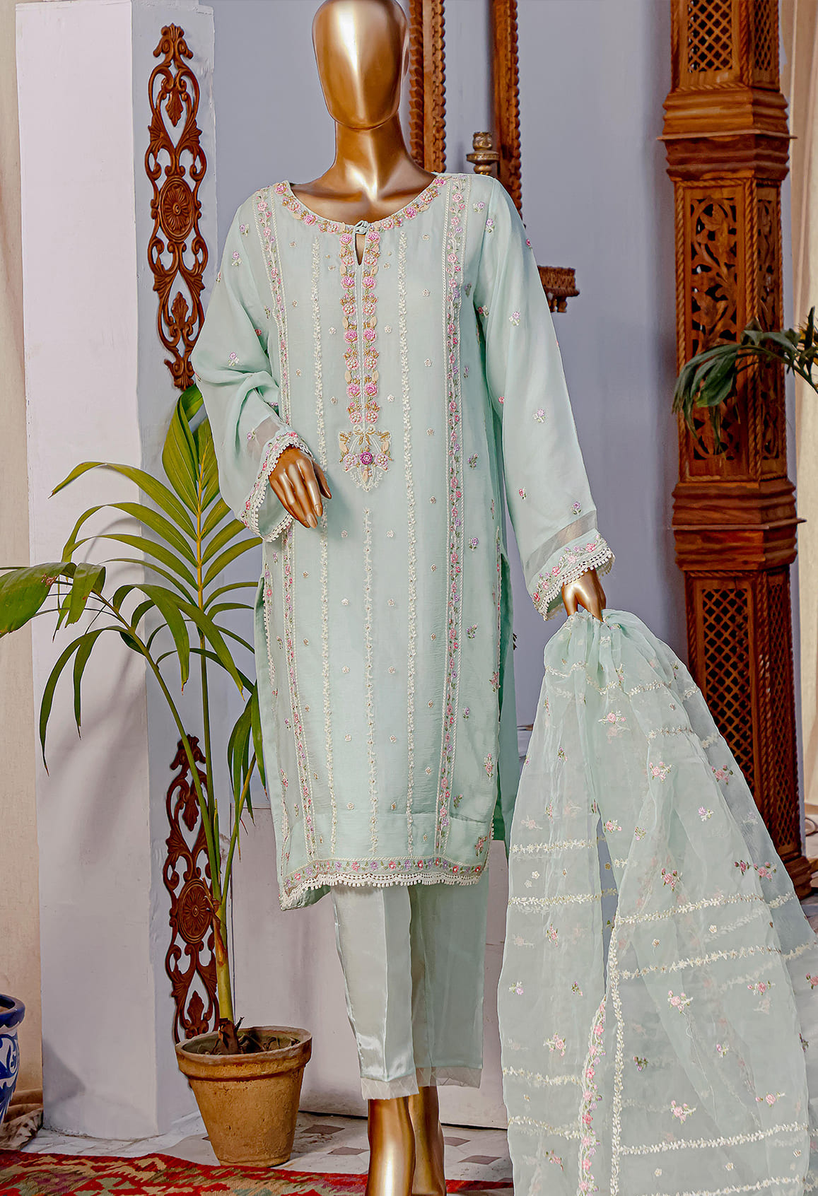 Bin Saeed Stitched 3 Piece Embroidered Chiffon Collection'2022-HEFC-029-Green