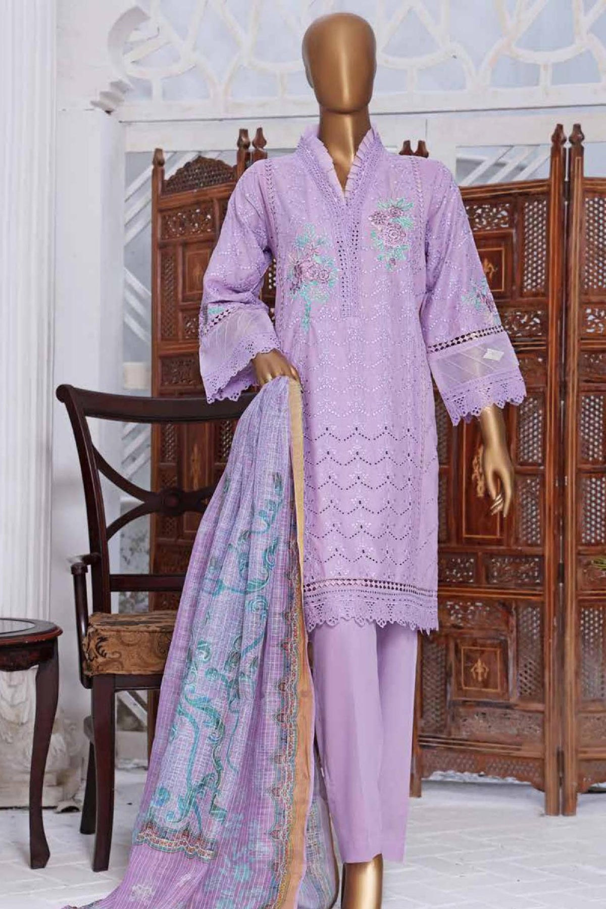 Bin Saeed Stitched 3 Piece Embroidered Pret Chikankari Collection'2022-HTS-04-L.Purple