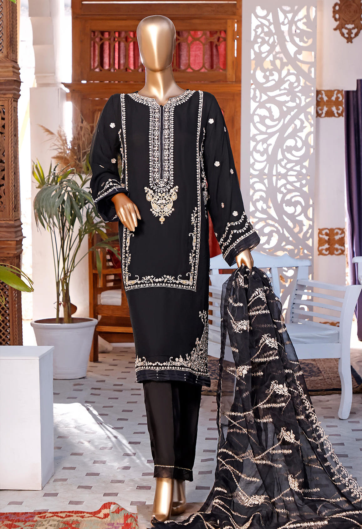 Bin Saeed Stitched 3 Piece Embroidered Chiffon Collection'2022-MSC-043-Black