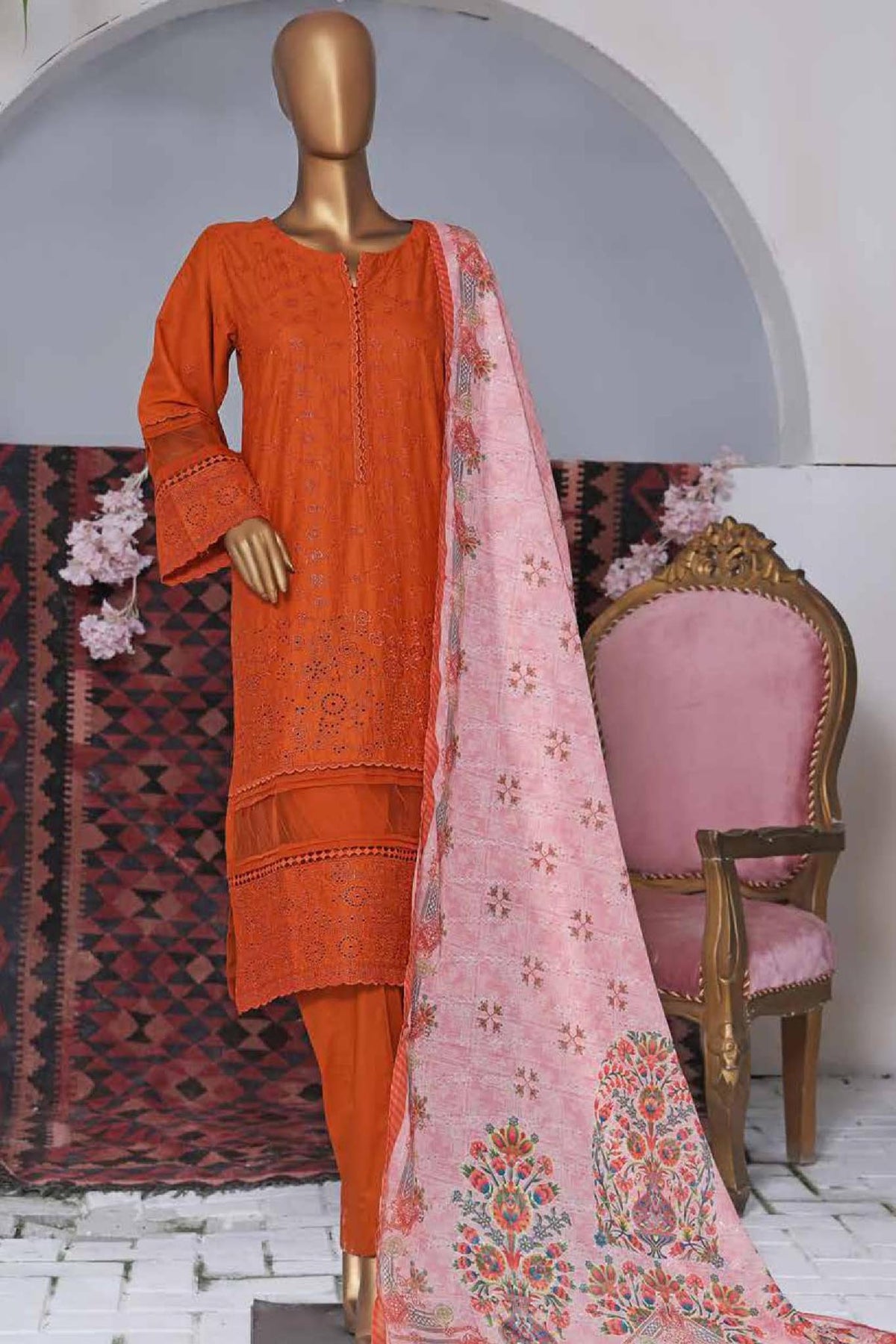 Bin Saeed Stitched 3 Piece Embroidered Pret Chikankari Collection'2022-DTS-05-Orange