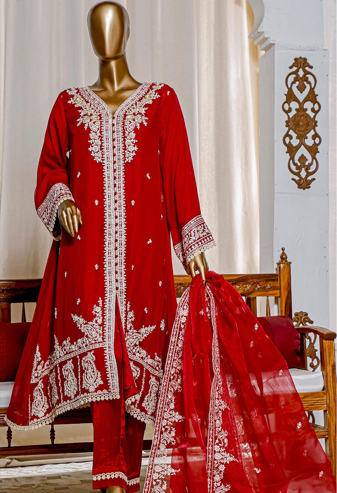 Bin Saeed Stitched 3 Piece Embroidered Chiffon Collection'2022-SPFC-0008-Maroon