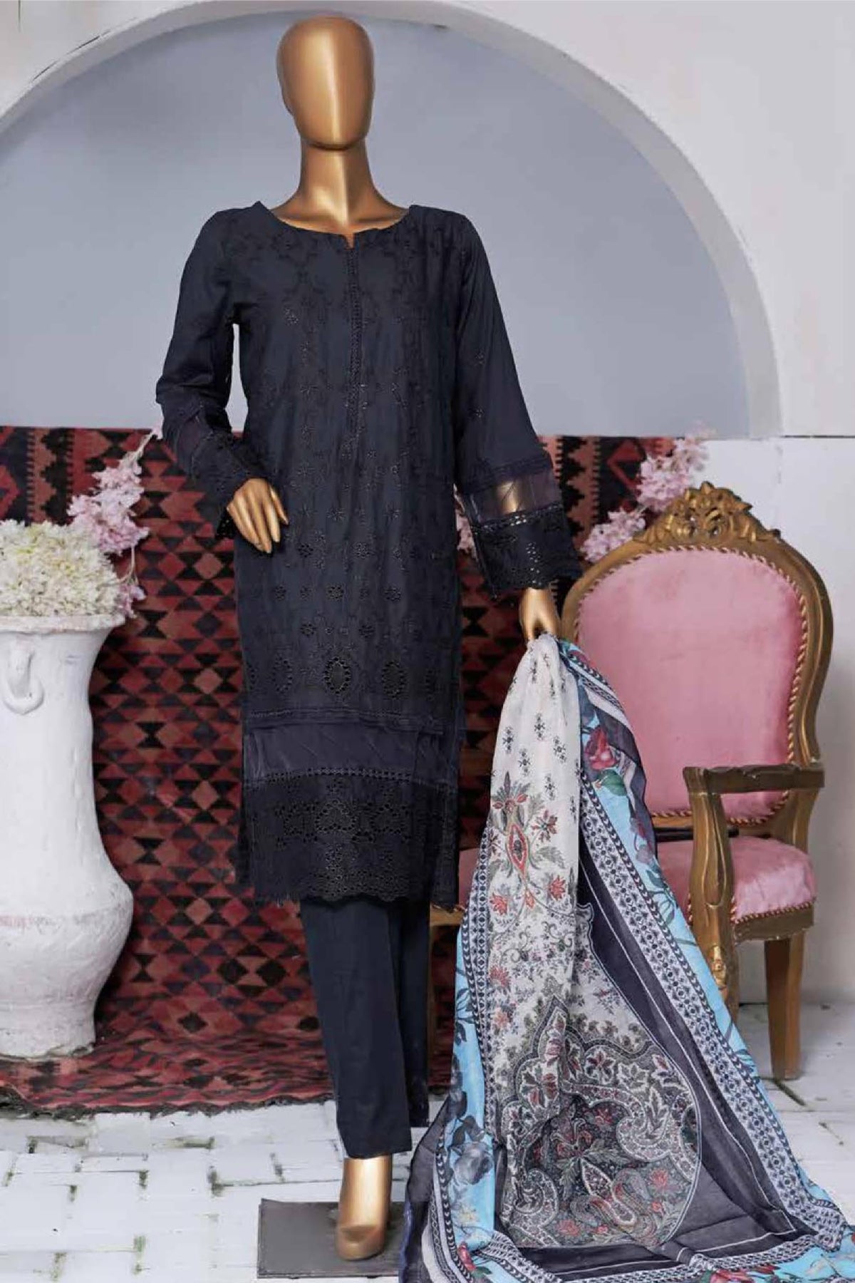 Bin Saeed Stitched 3 Piece Embroidered Pret Chikankari Collection'2022-DTS-010-Black