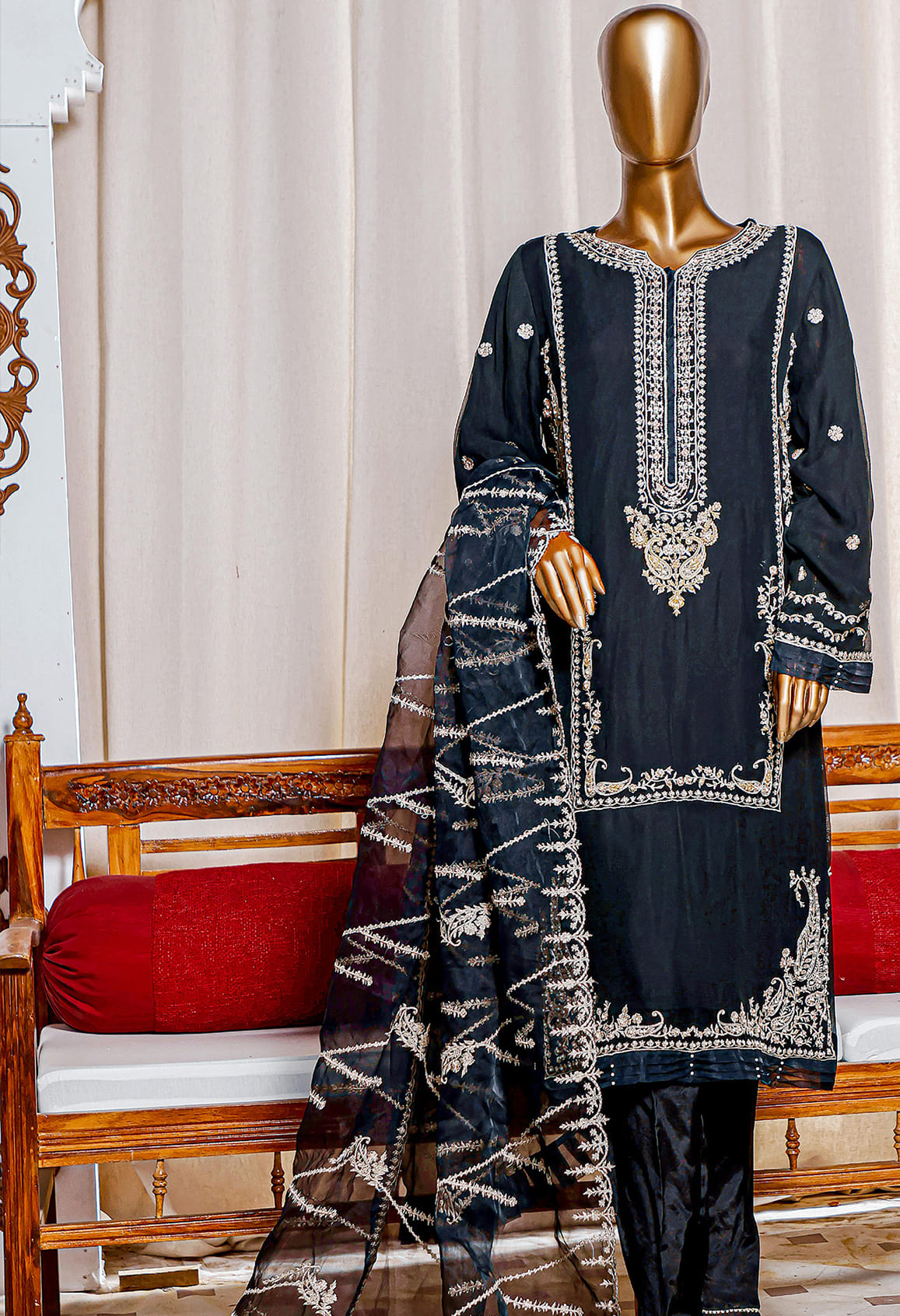 Bin Saeed Stitched 3 Piece Embroidered Chiffon Collection'2022-MSC-043-Blue