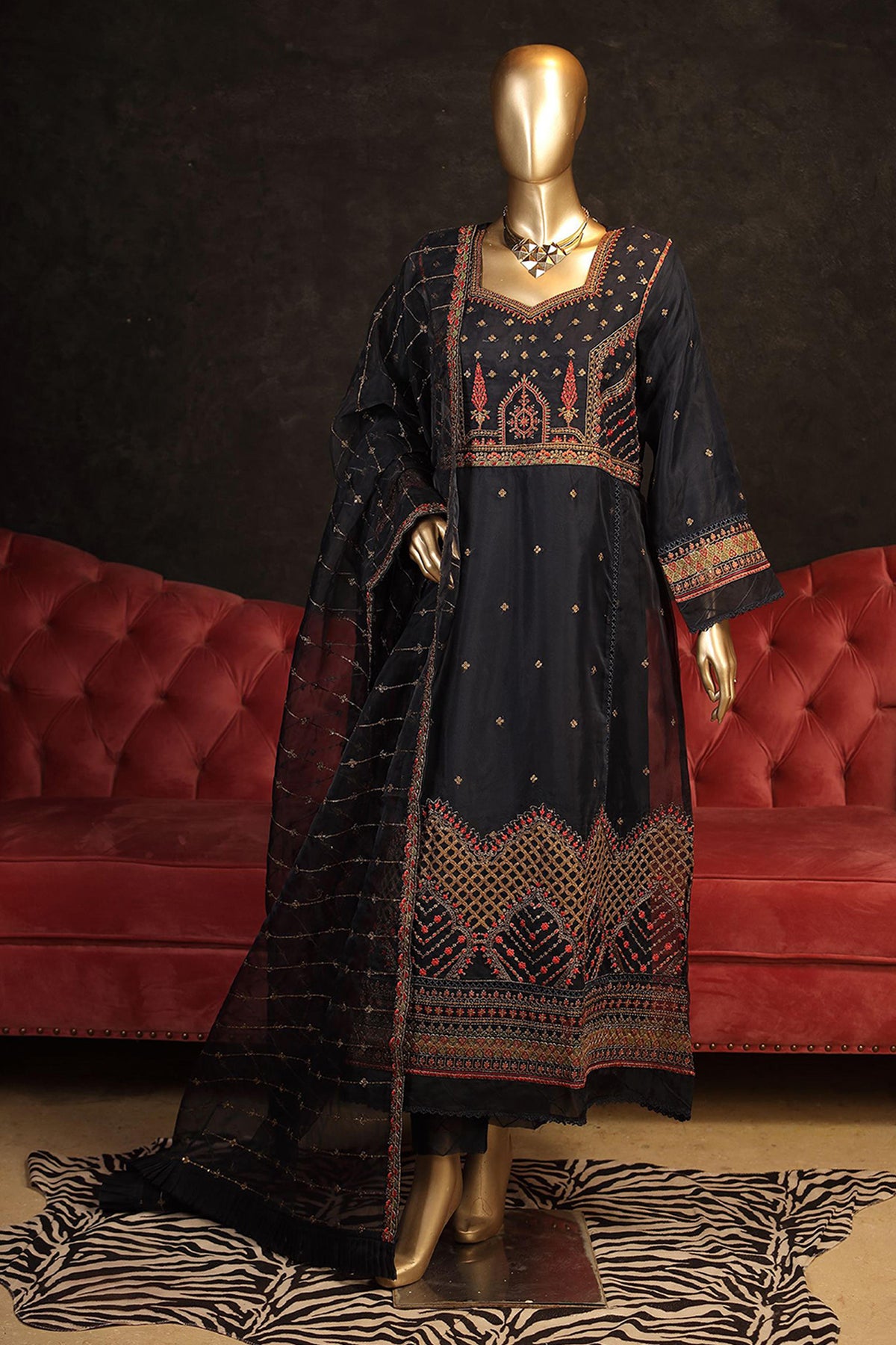 Bin Saeed Dhagakari Stitched 3 Piece Luxury Formal Vol-03 Collection'2022-OMS-001-Navy Blue