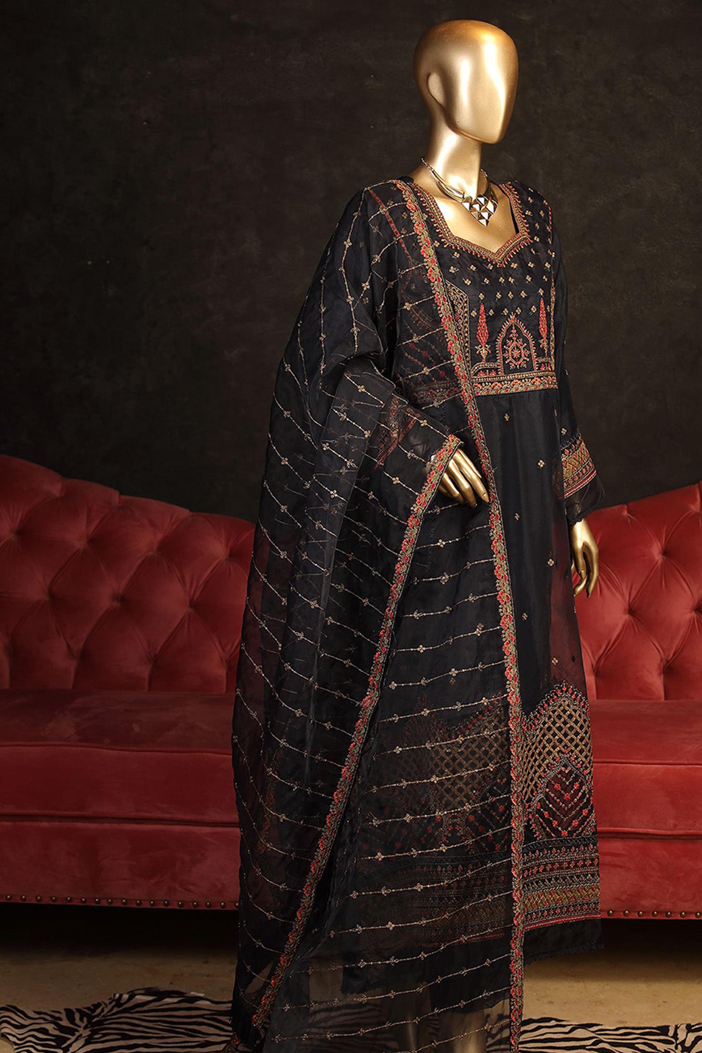 Bin Saeed Dhagakari Stitched 3 Piece Luxury Formal Vol-03 Collection'2022-OMS-001-Navy Blue