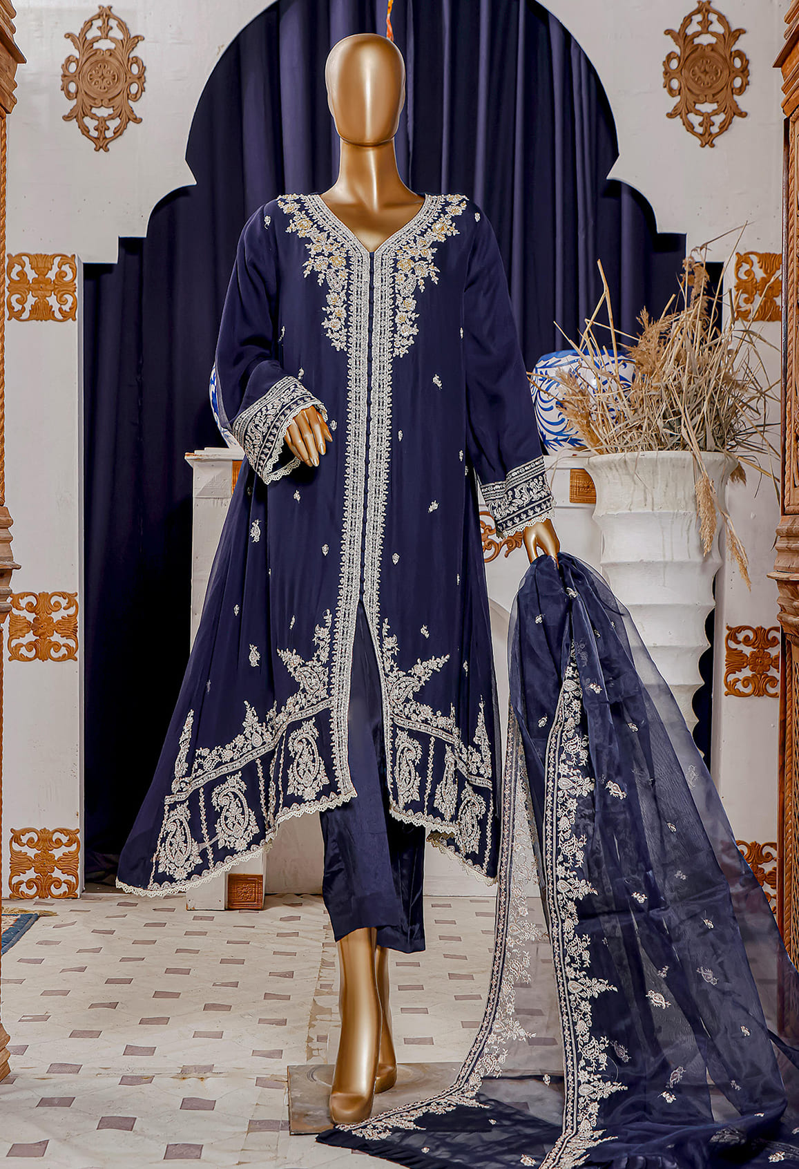 Bin Saeed Stitched 3 Piece Embroidered Chiffon Collection'2022-SPFC-0008-Blue