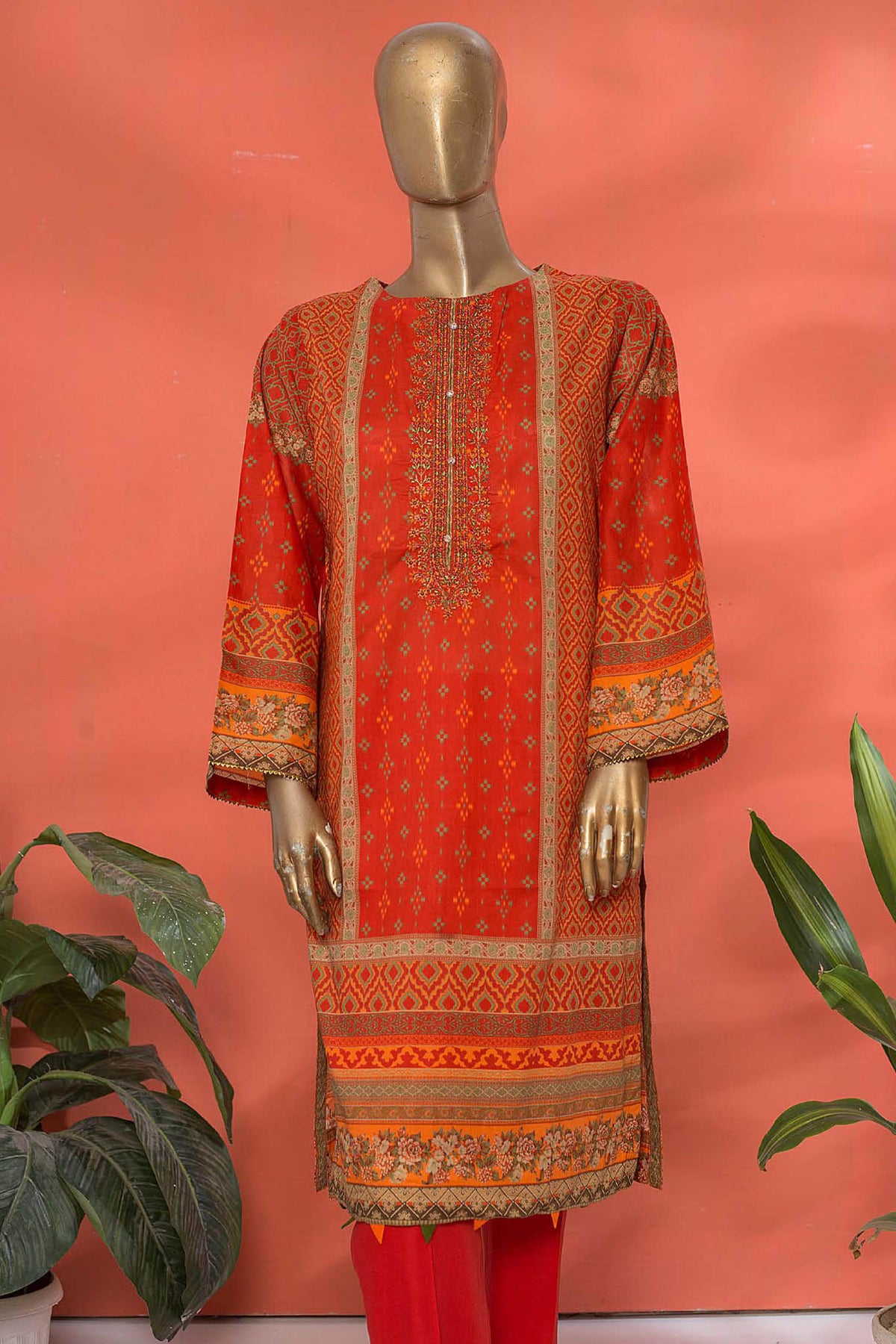 Bin Saeed Stitched Embroidered Lawn Kurti Collection'2022-D-145 Red