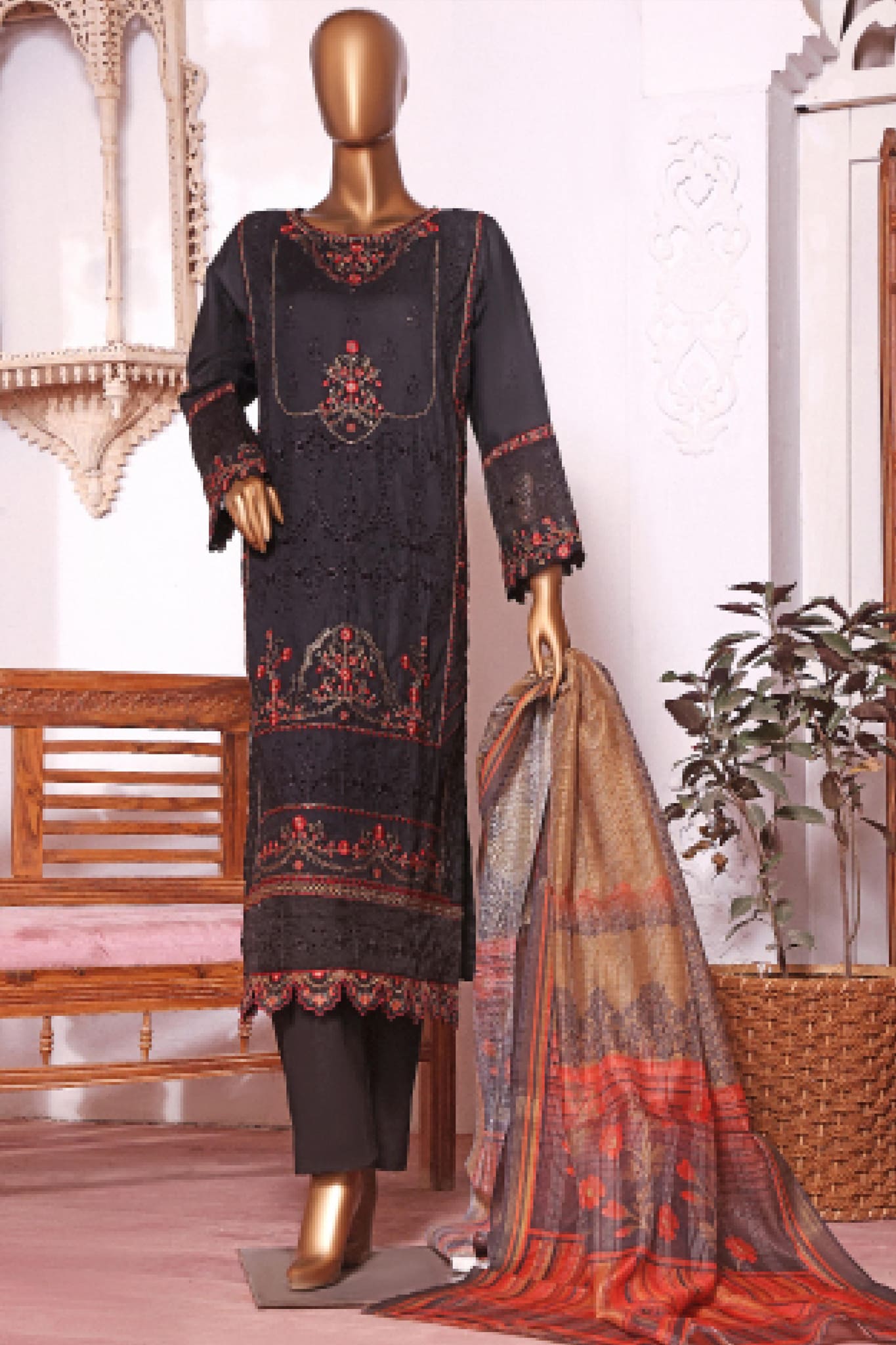 Bin Saeed Stitched 3 Piece Embroidered Chikankari Festive Vol-02 Collection'2022-DTS-02-Black