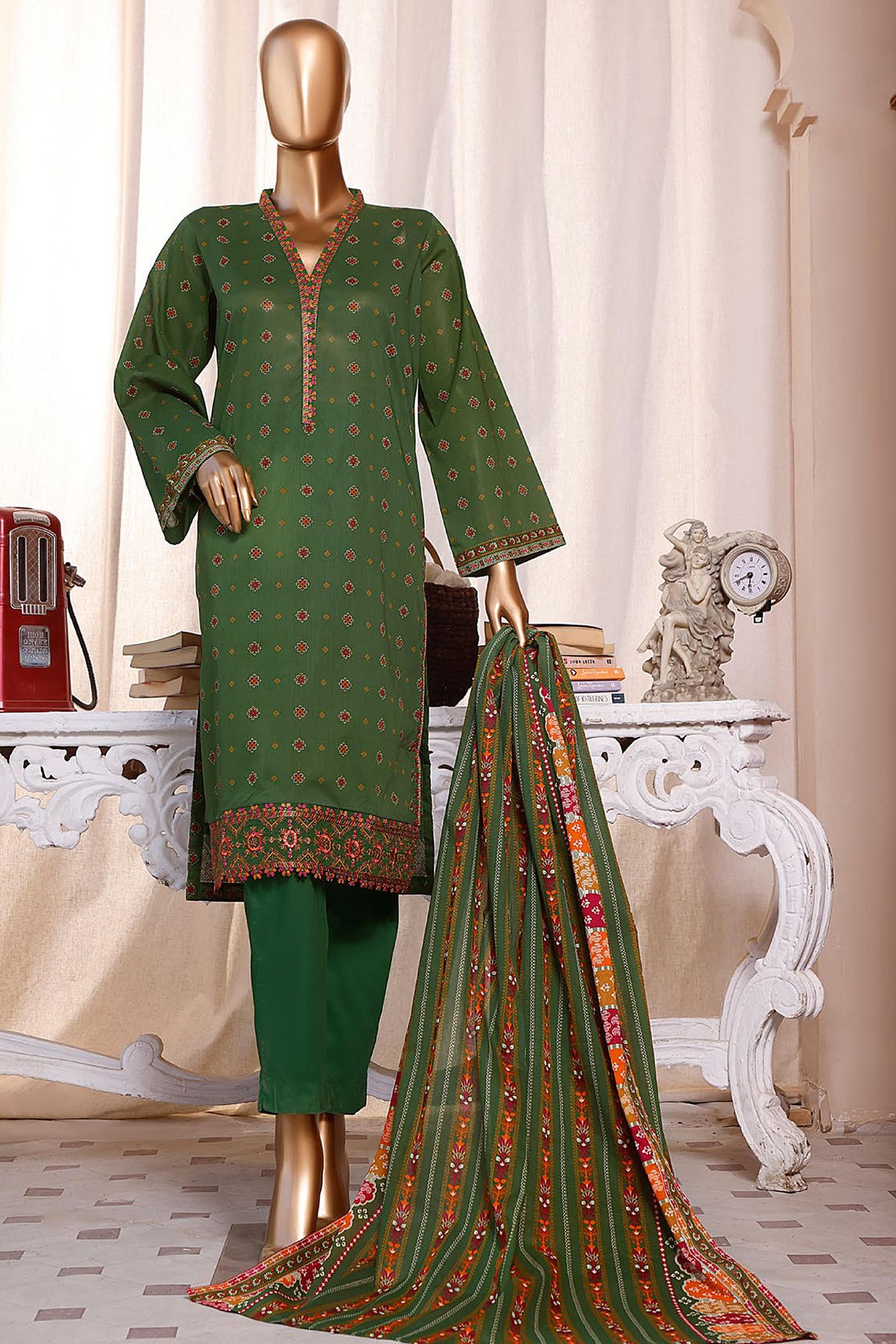 Bin Saeed Stitched 3 Piece Embroidered Lawn Collection'2022-F-0068-Green