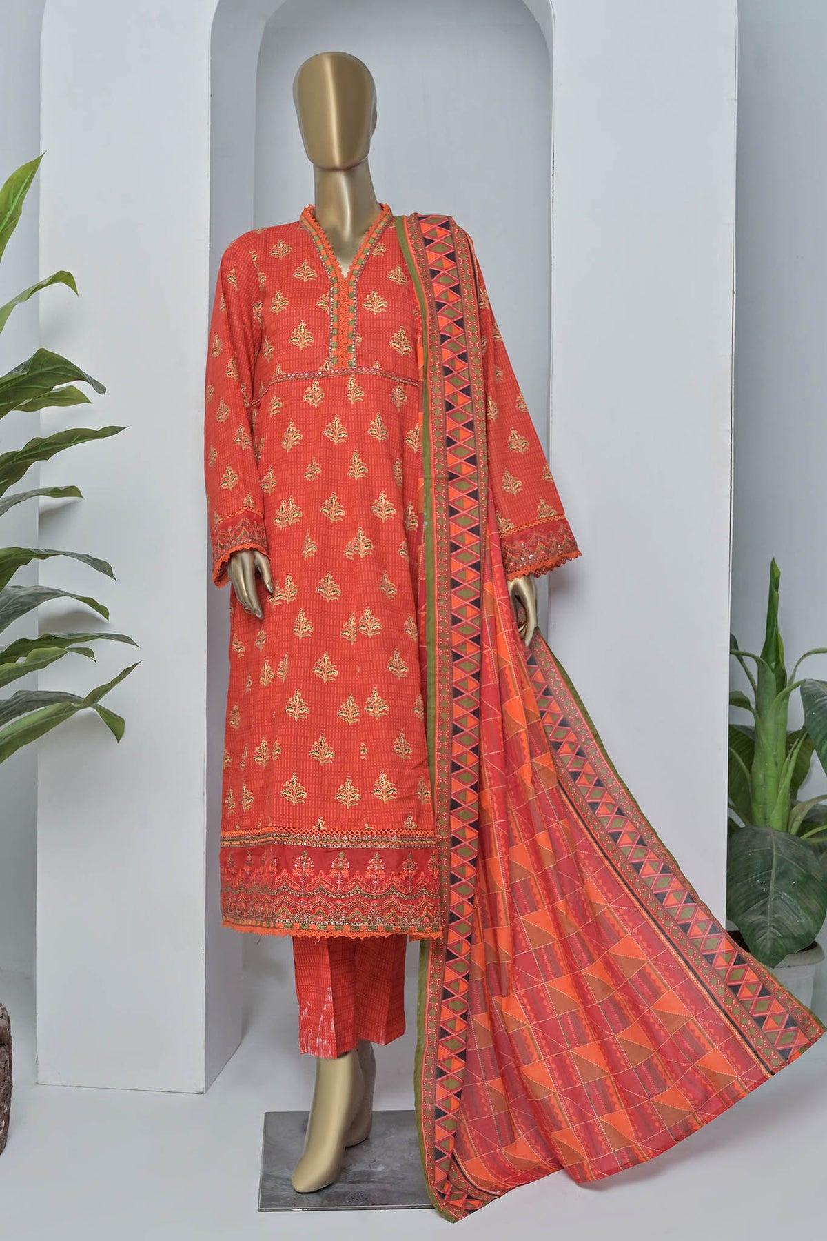 Bin Saeed Stitched 3 Piece Embroidered Lawn Collection'2022-F-0270-Rust