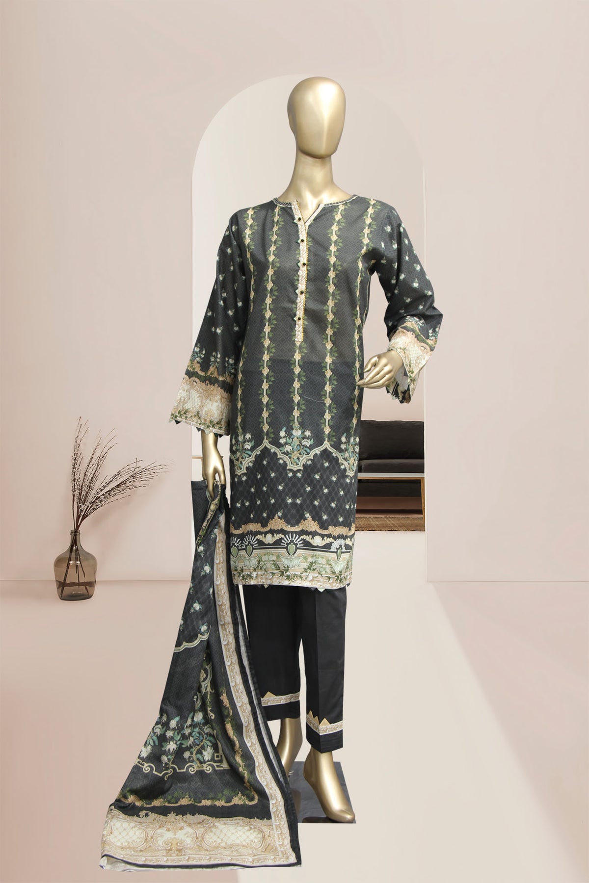 Bin Saeed 3 Piece Stitched Printed Lawn Collection’2021-F-1372-Black