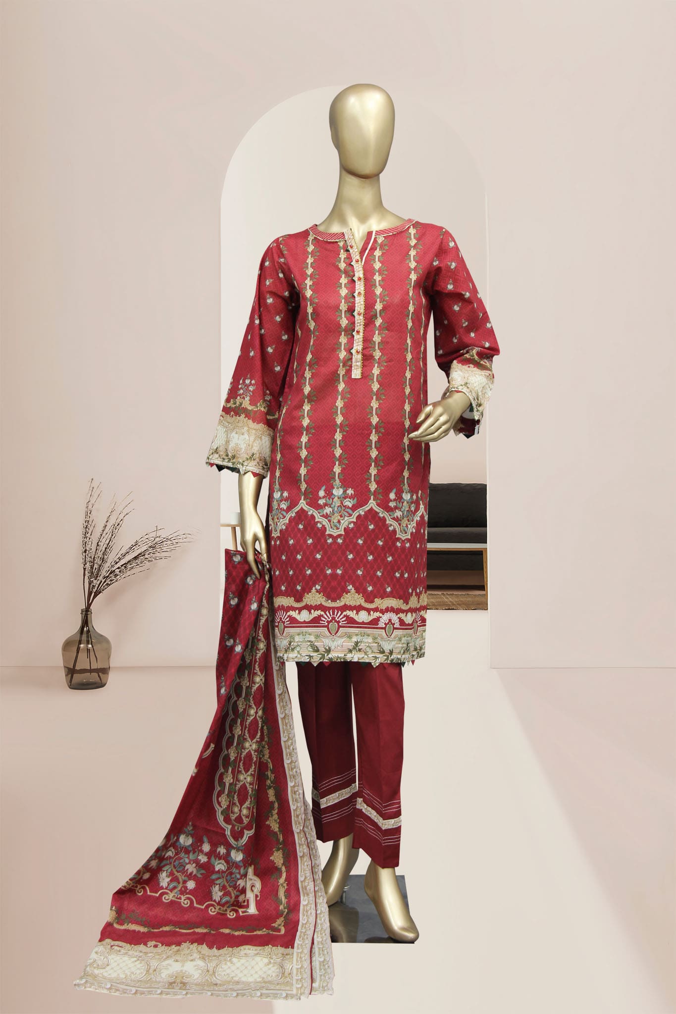 Bin Saeed 3 Piece Stitched Printed Lawn Collection’2021-F-1376-Maroon