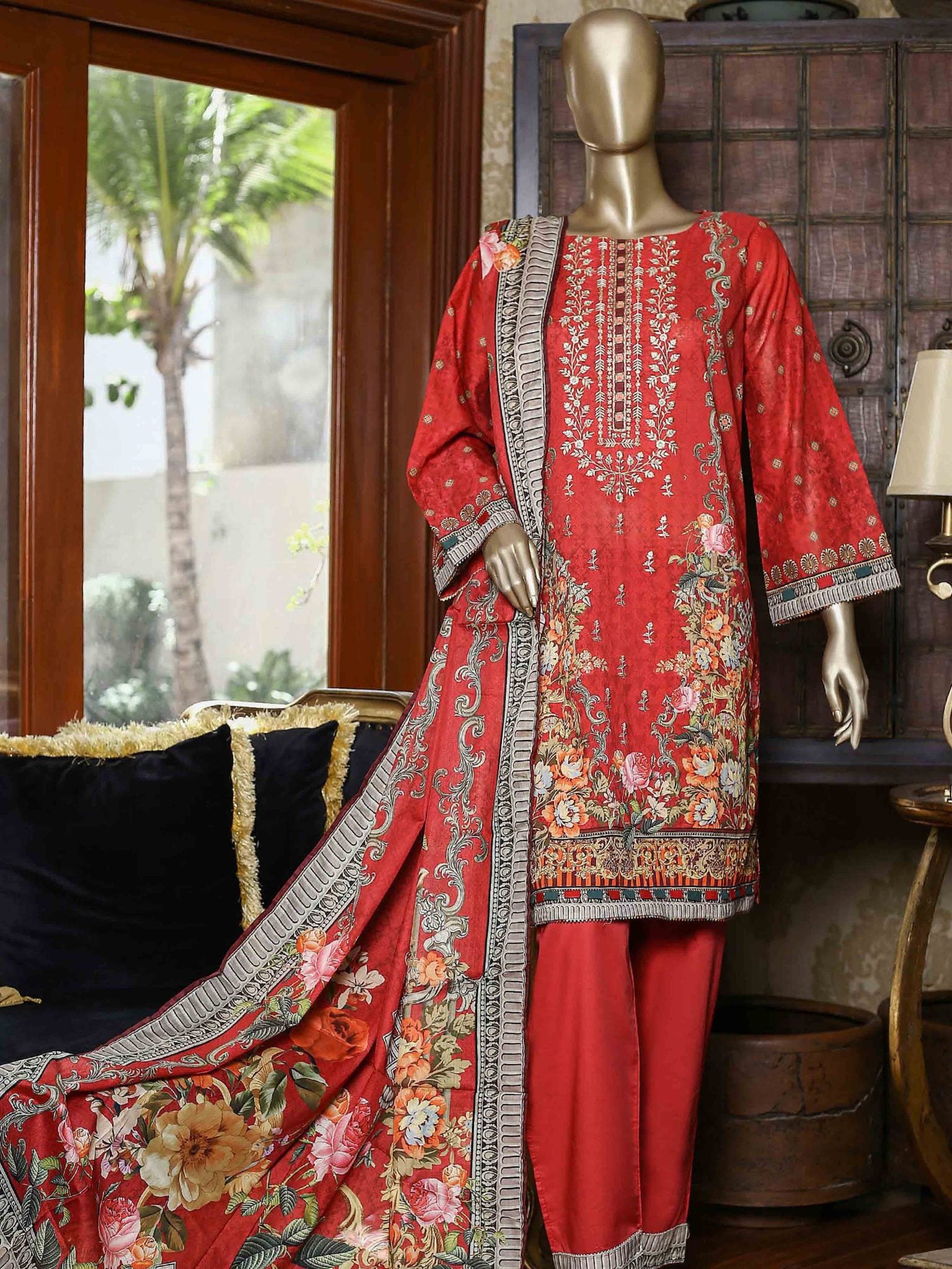 Bin Saeed Festive Stitched 3 Piece Embroidered Lawn Collection’2021-F-1380-Maroon