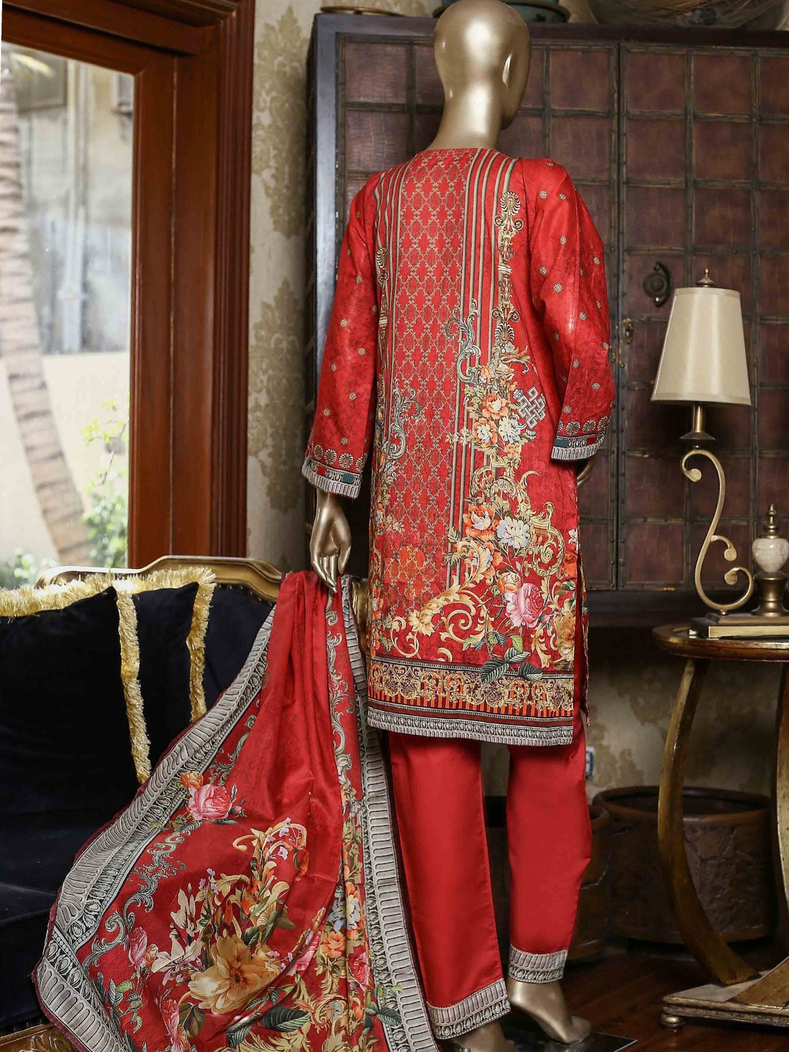 Bin Saeed Festive Stitched 3 Piece Embroidered Lawn Collection’2021-F-1380-Maroon