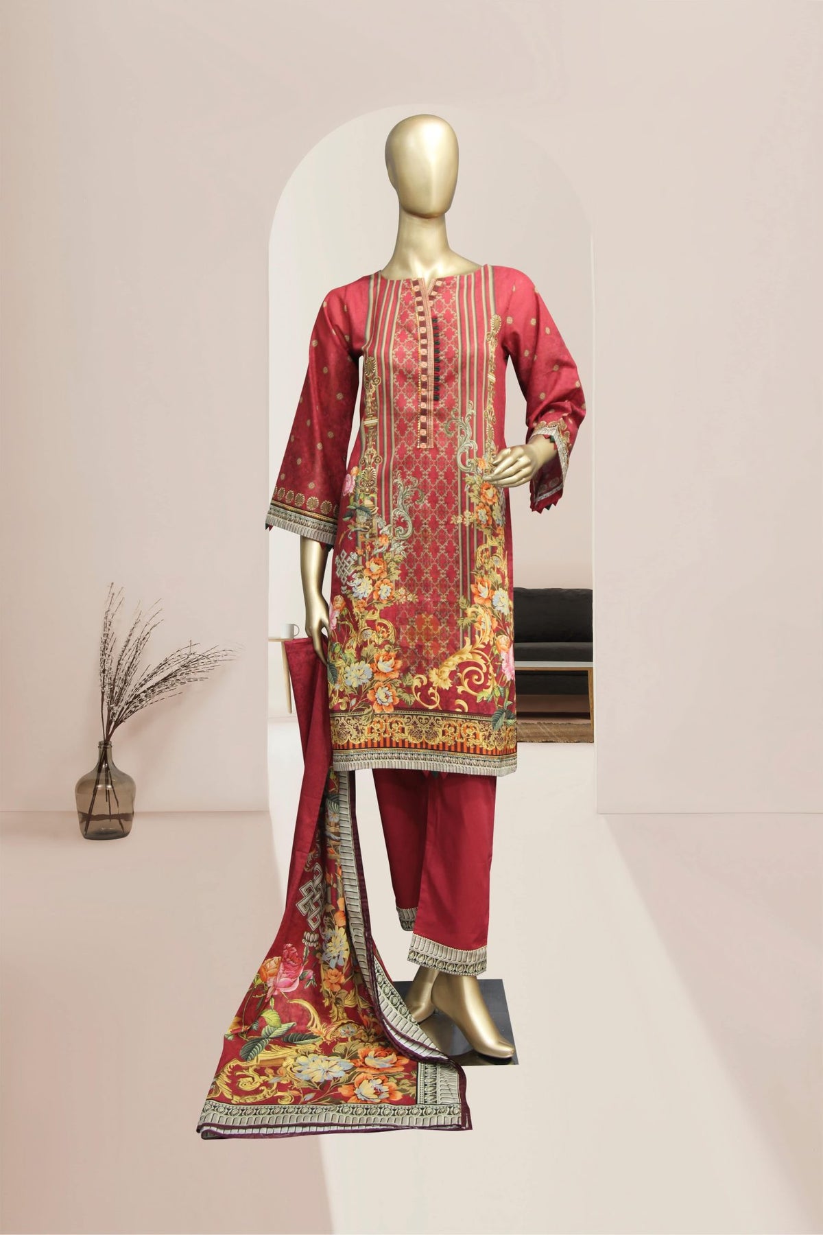 Bin Saeed 3 Piece Stitched Printed Lawn Collection’2021-F-1380-Pink