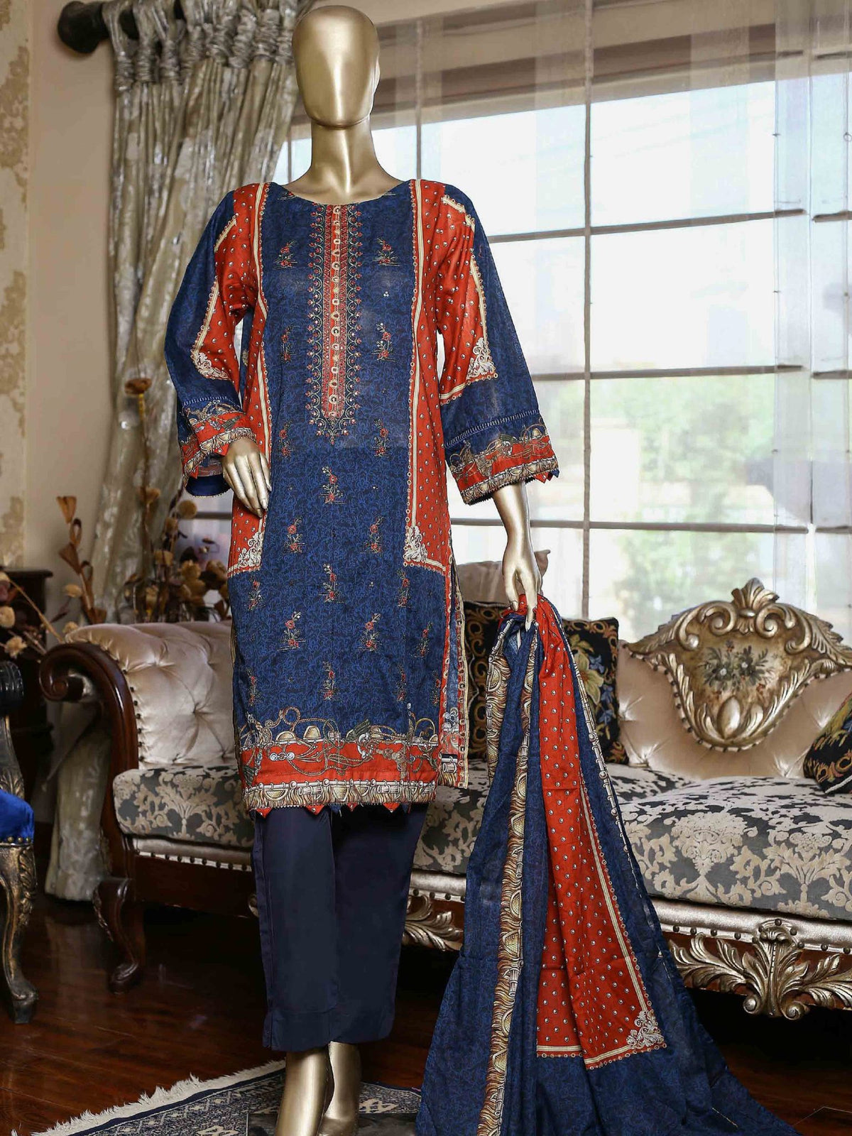 Bin Saeed Festive Stitched 3 Piece Embroidered Lawn Collection’2021-F-1385-Blue