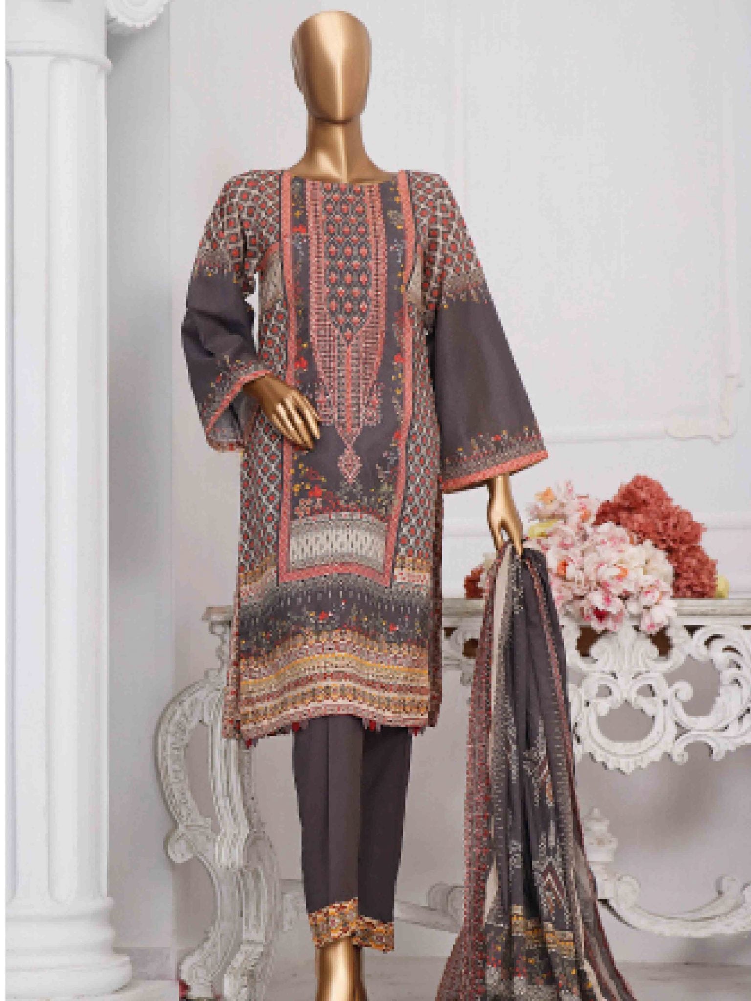 Bin Saeed Stitched 3 Piece Embroidered Lawn Collection’2021-F-1402-Grey