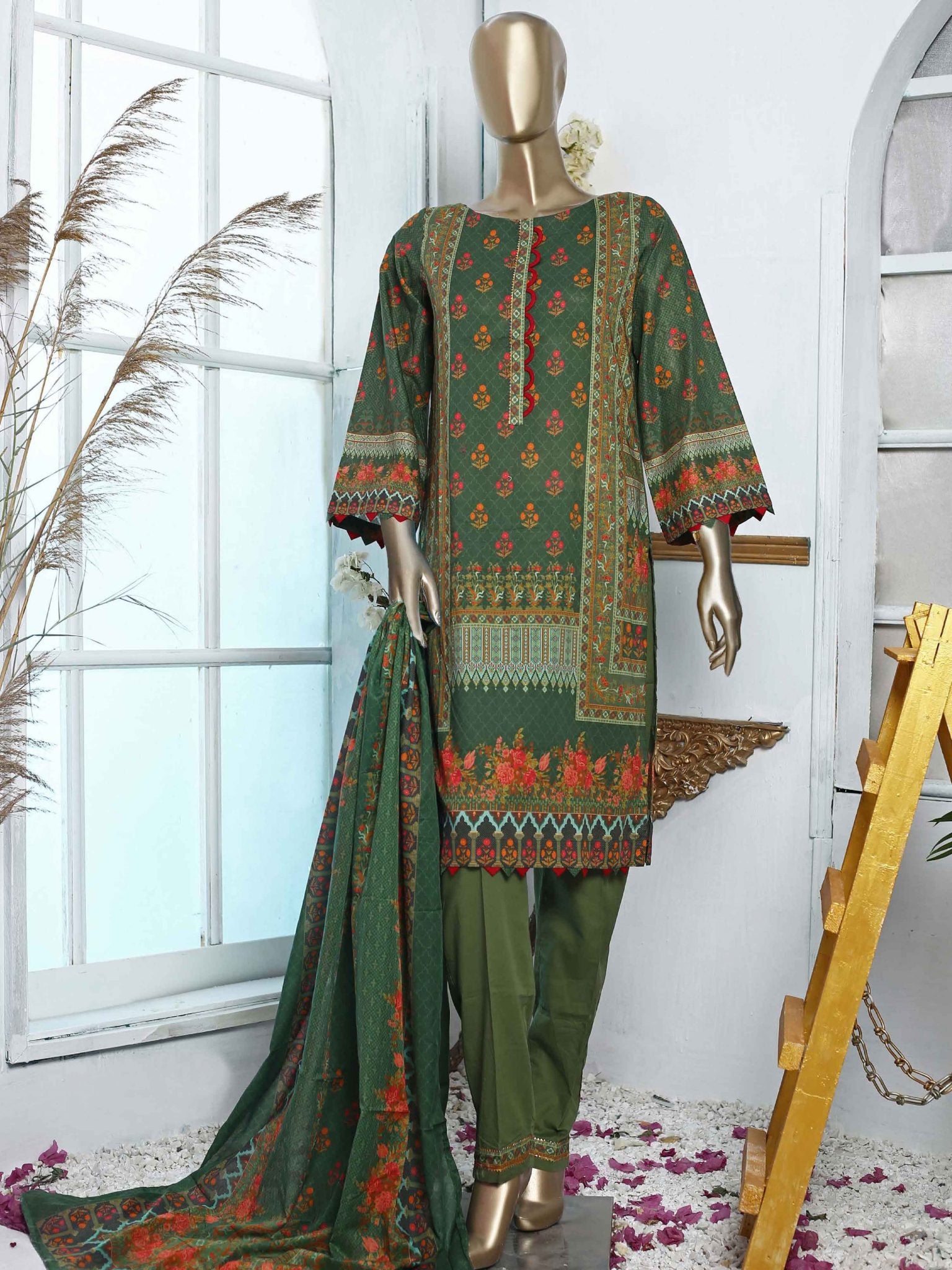 Bin Saeed 3 Piece Stitched Printed Lawn Collection’2021-F-1443-Green