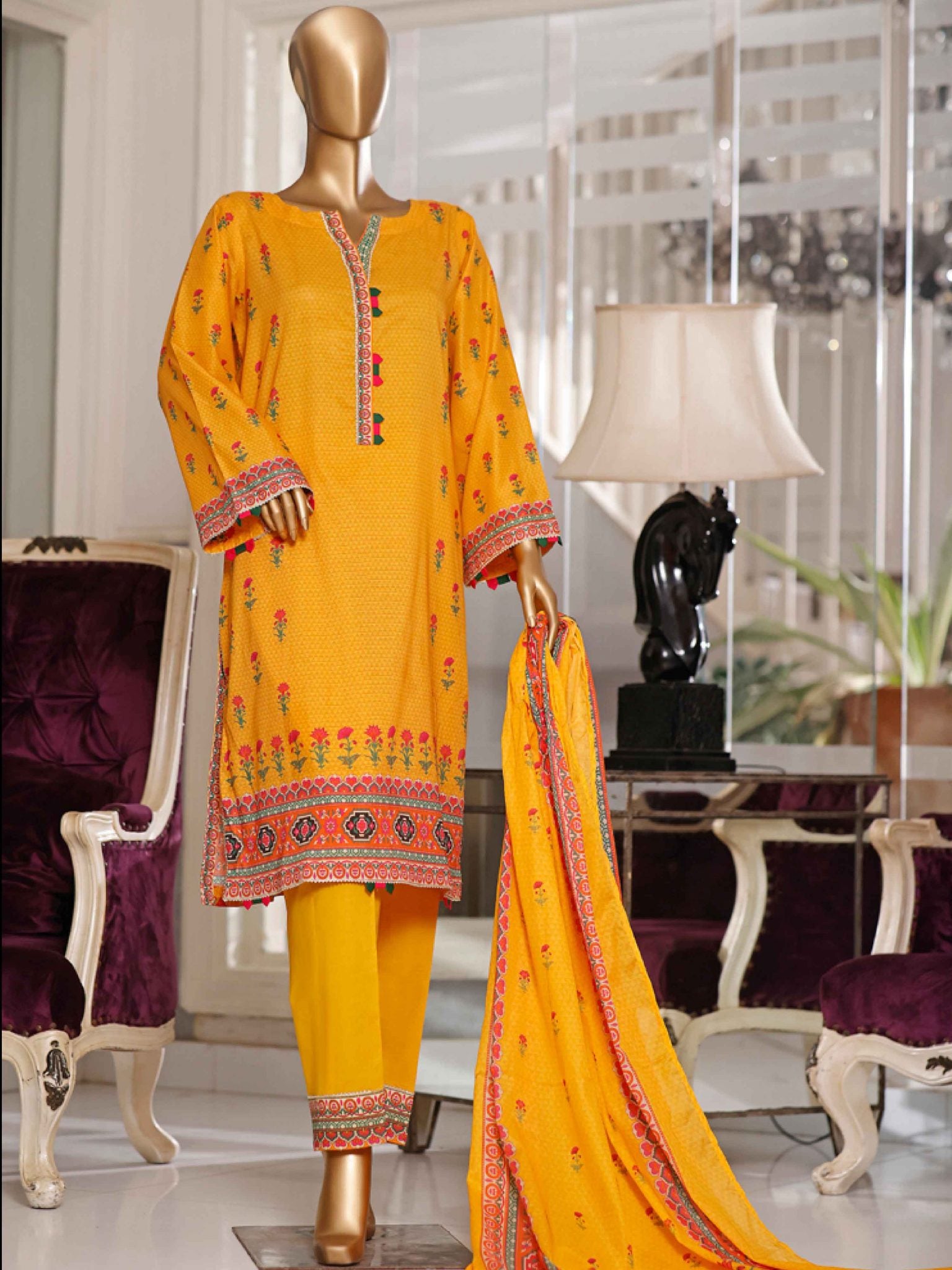 Bin Saeed Stitched 3 Piece Printed Lawn Collection’2021-F-1446-Yellow