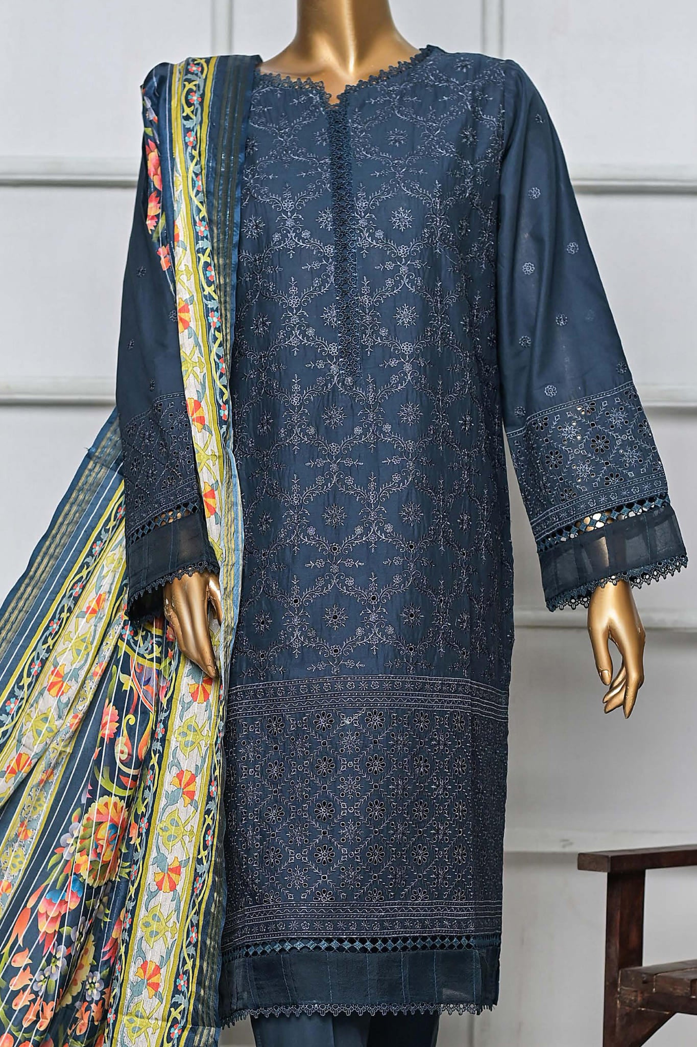 Bin Saeed Stitched 3 Piece Embroidered Chikankari Vol-06 Collection'2022-HTS-010-D.Blue