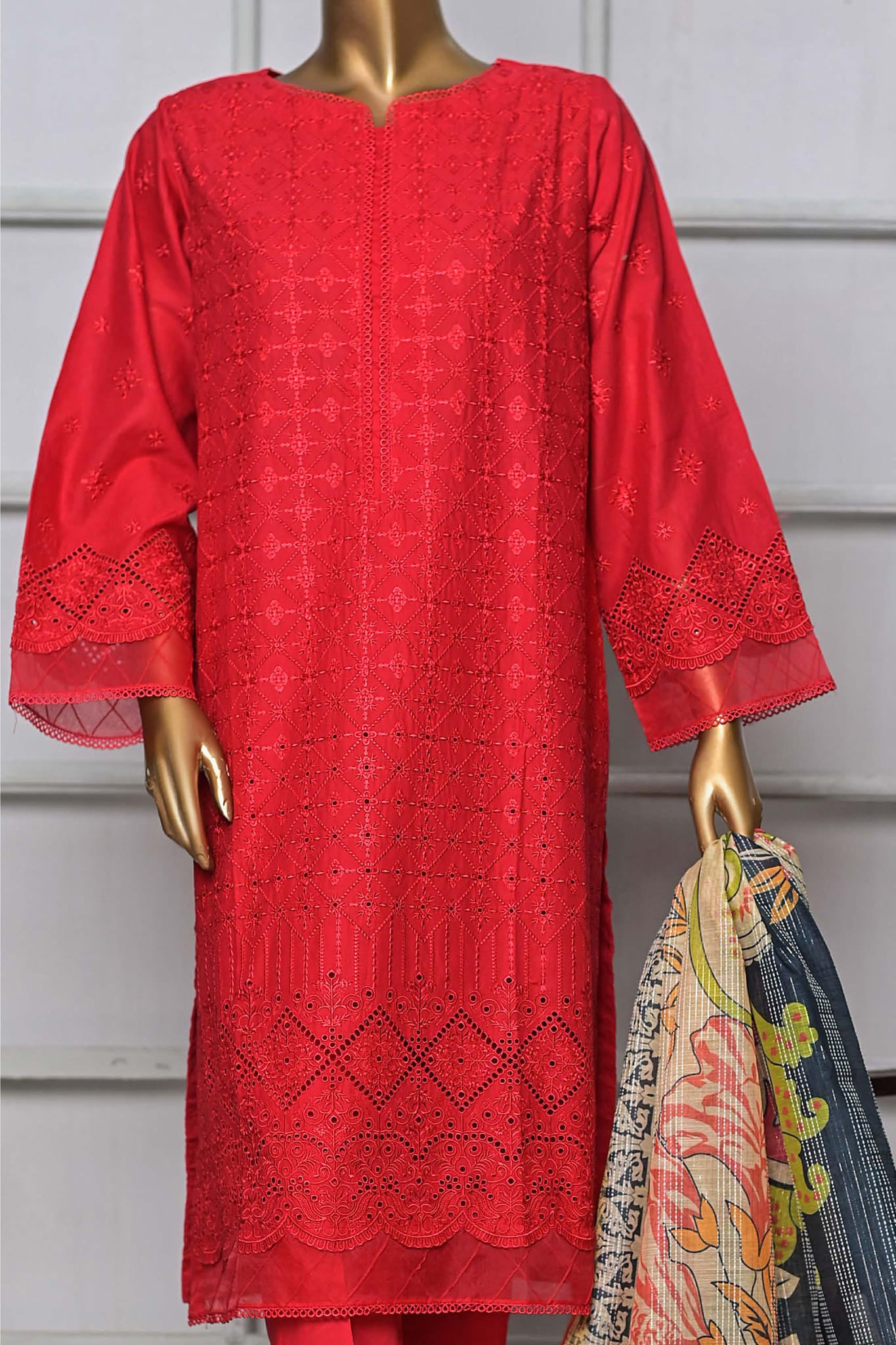 Bin Saeed Stitched 3 Piece Embroidered Chikankari Vol-06 Collection'2022-HTS-011-Red