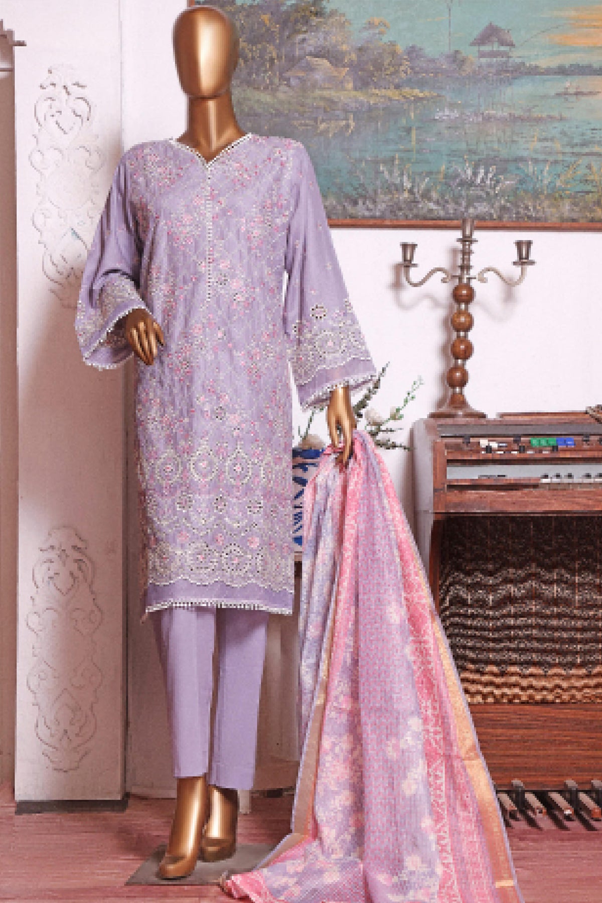 Bin Saeed Stitched 3 Piece Embroidered Chikankari Festive Vol-02 Collection'2022-HTS-01-L.Grey